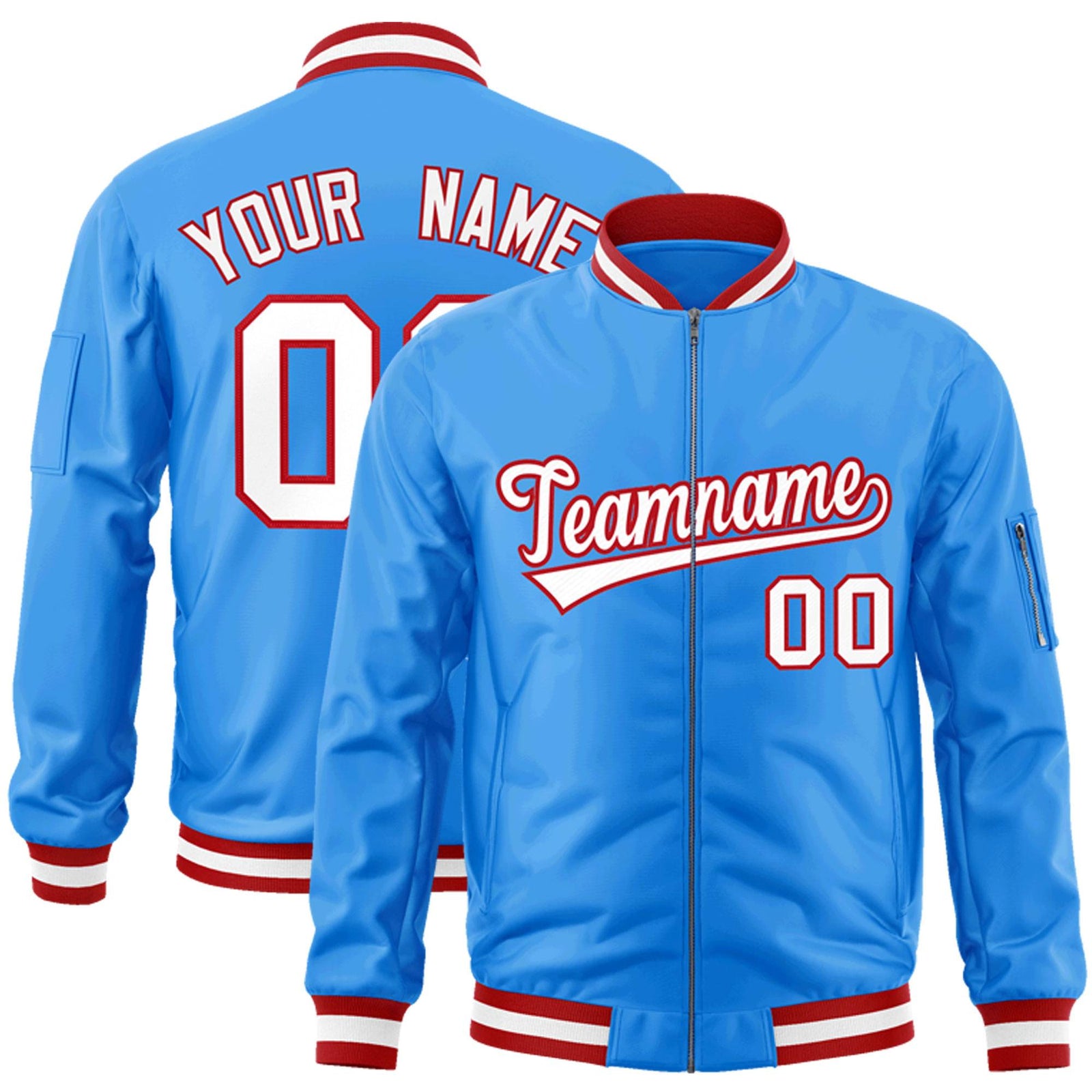 Custom Powder Blue White-Red Varsity Full-Zip Letterman Bomber Jacket