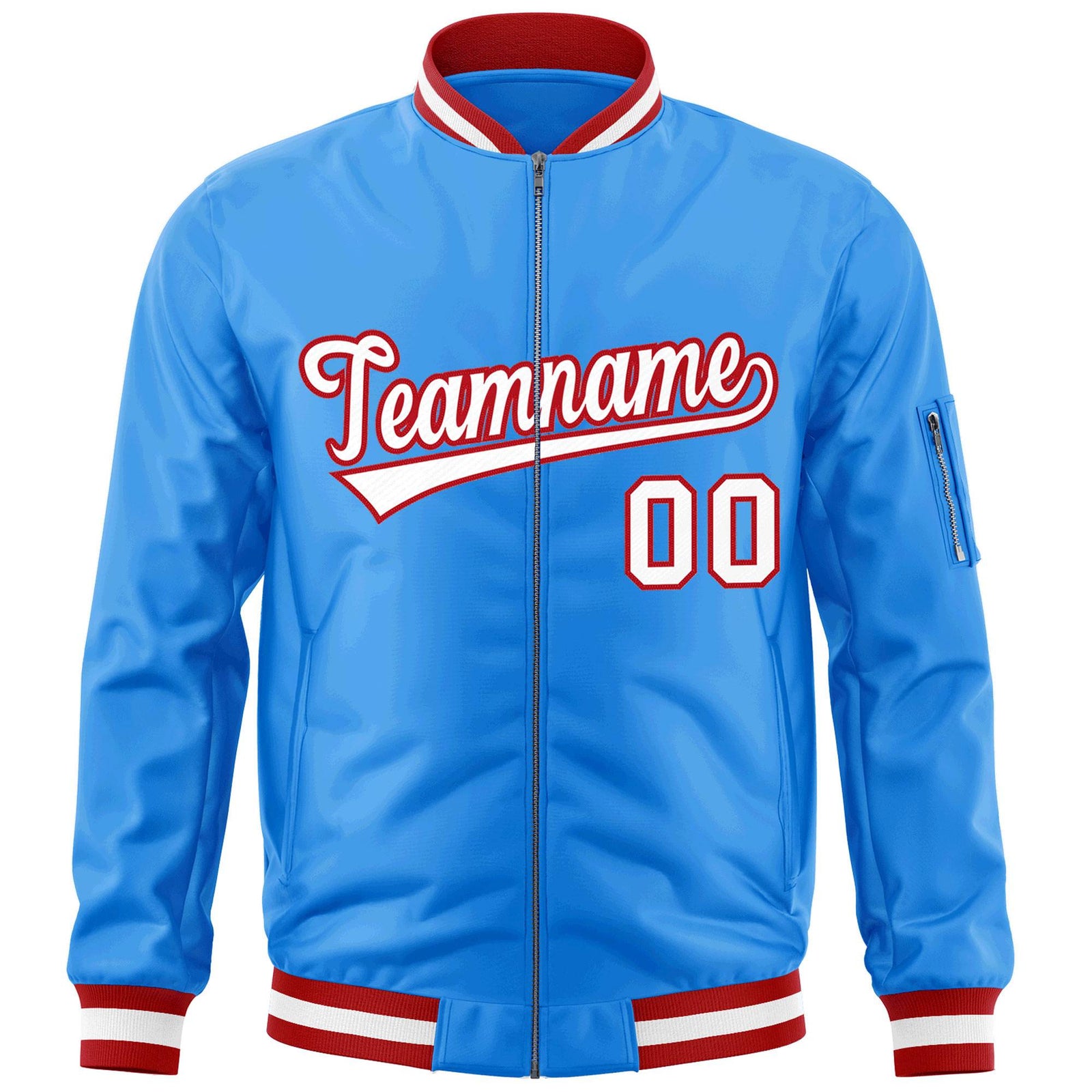 Custom Powder Blue White-Red Varsity Full-Zip Letterman Bomber Jacket