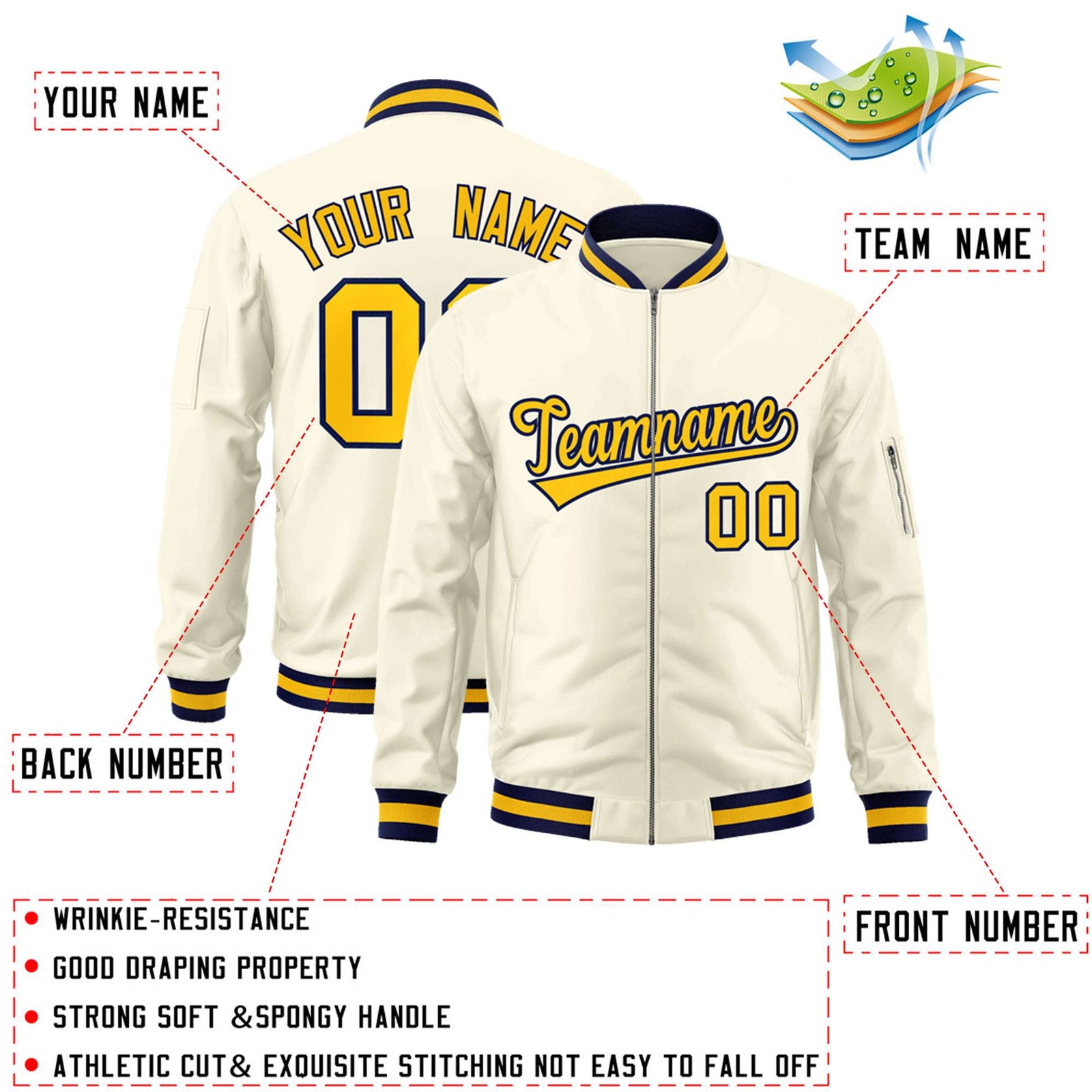 Custom Cream Yellow-Navy Varsity Full-Zip Letterman Bomber Jacket