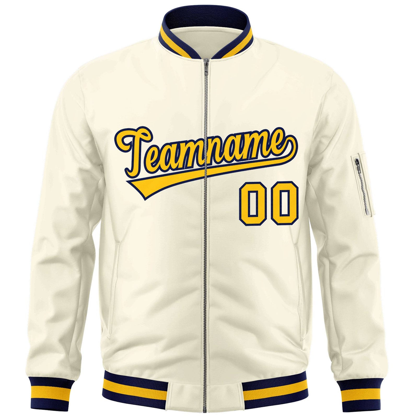 Custom Cream Yellow-Navy Varsity Full-Zip Letterman Bomber Jacket