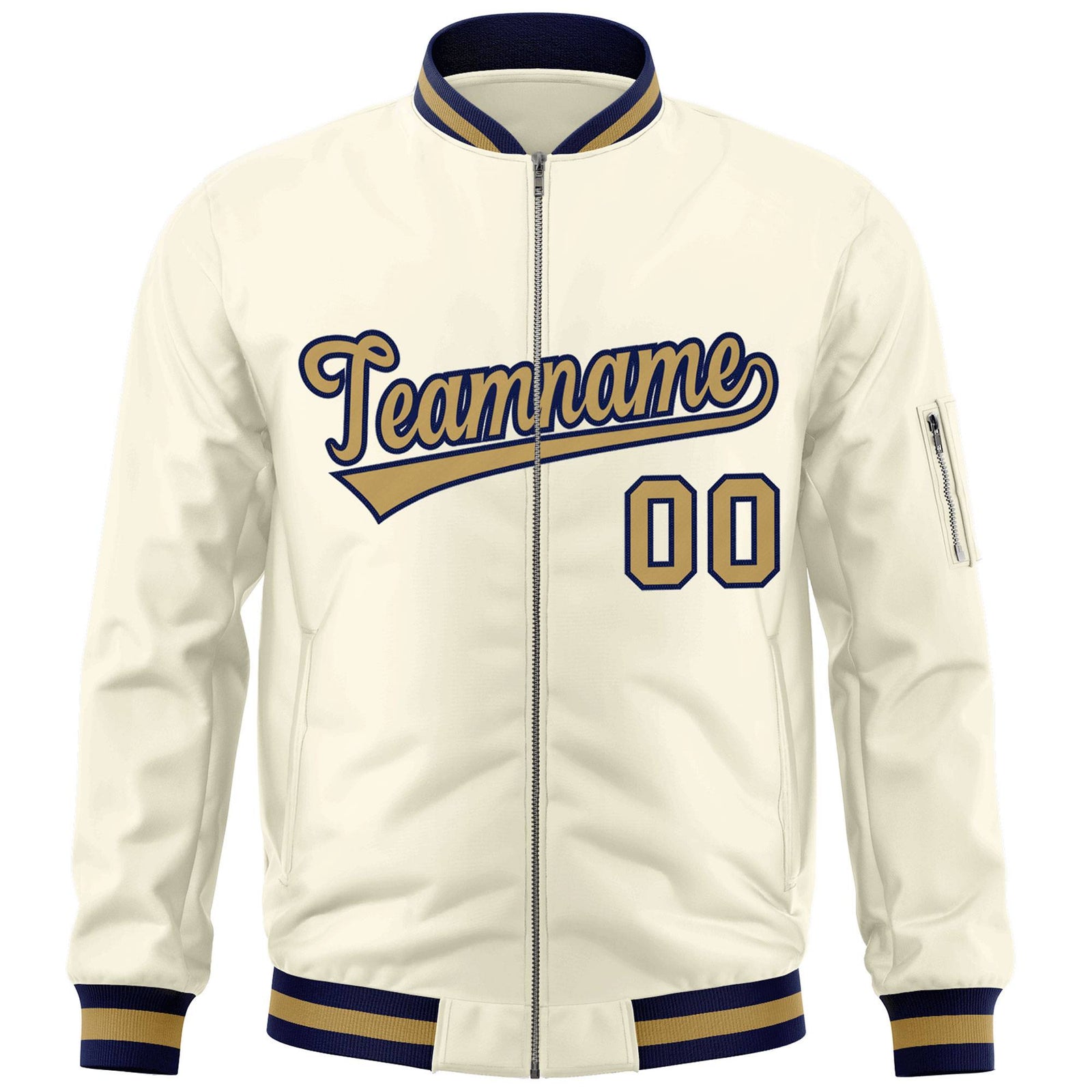 Custom Cream Old Gold-Navy Varsity Full-Zip Letterman Bomber Jacket