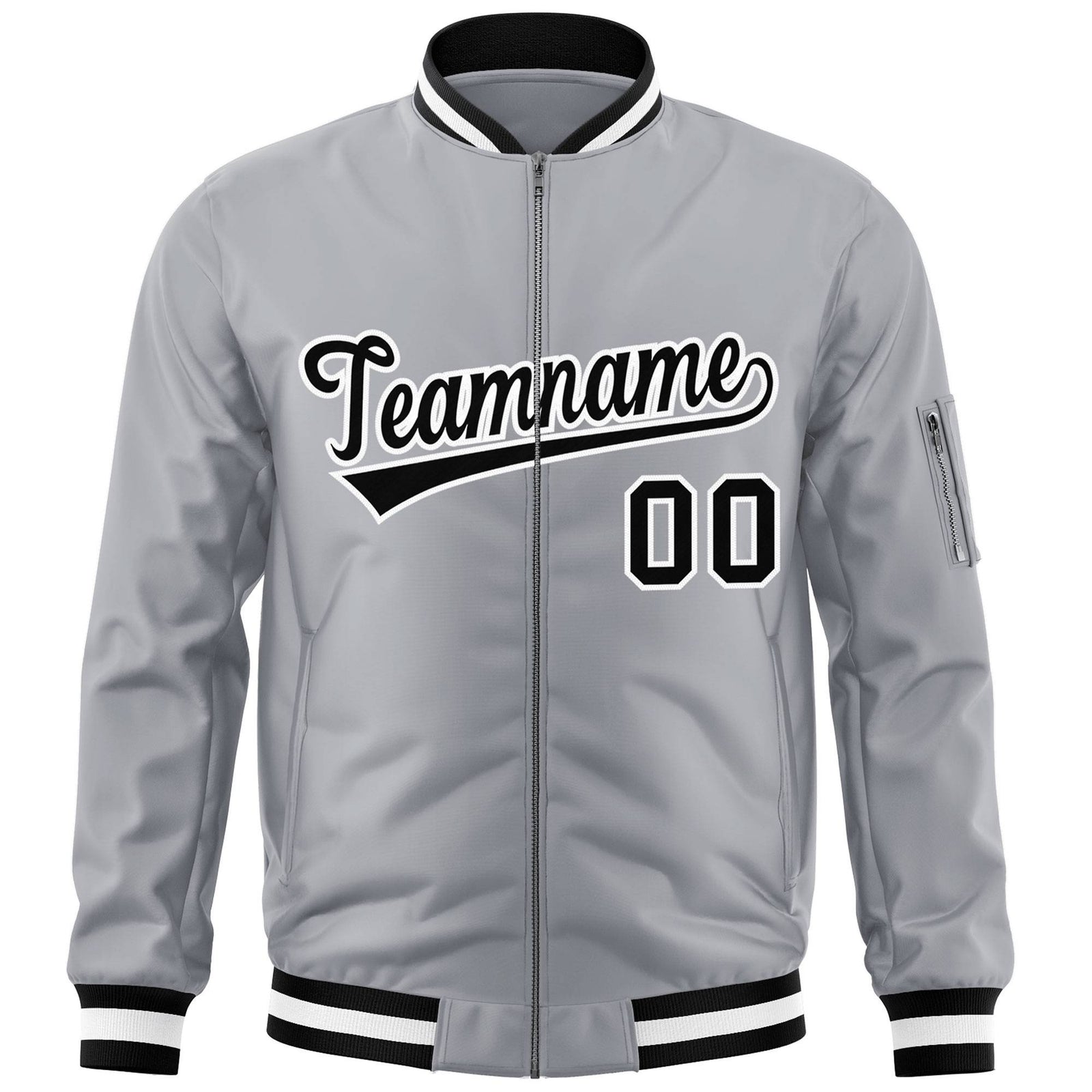 Custom Gray Black-White Varsity Full-Zip Letterman Bomber Jacket