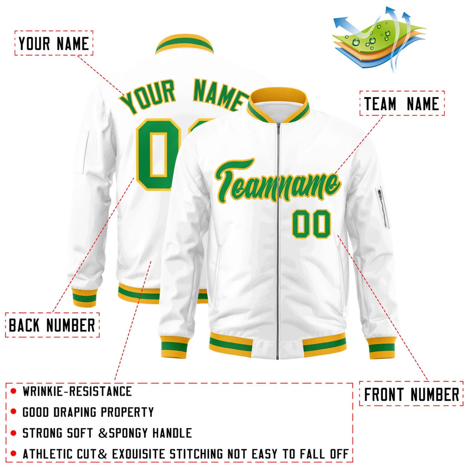 Custom White Kelly Green-Gold Varsity Full-Zip Letterman Bomber Jacket