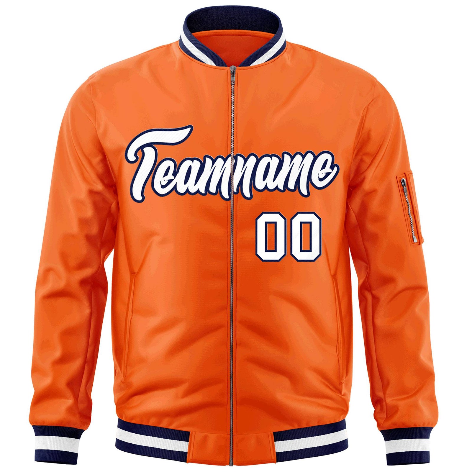 Custom Orange White-Navy Varsity Full-Zip Letterman Bomber Jacket