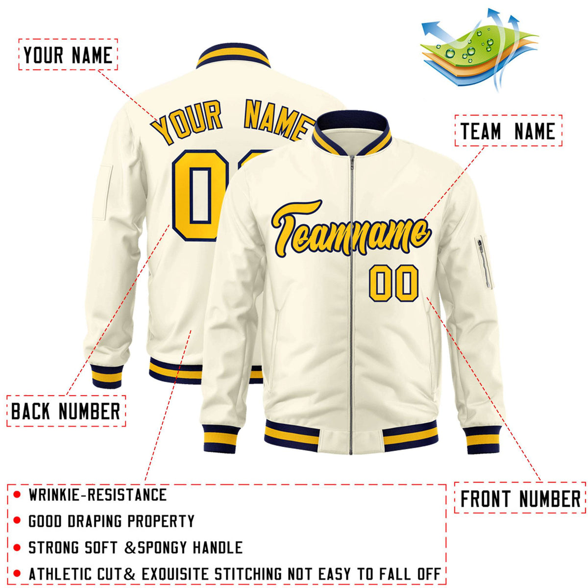 Custom Cream Yellow-Navy Varsity Full-Zip Letterman Bomber Jacket