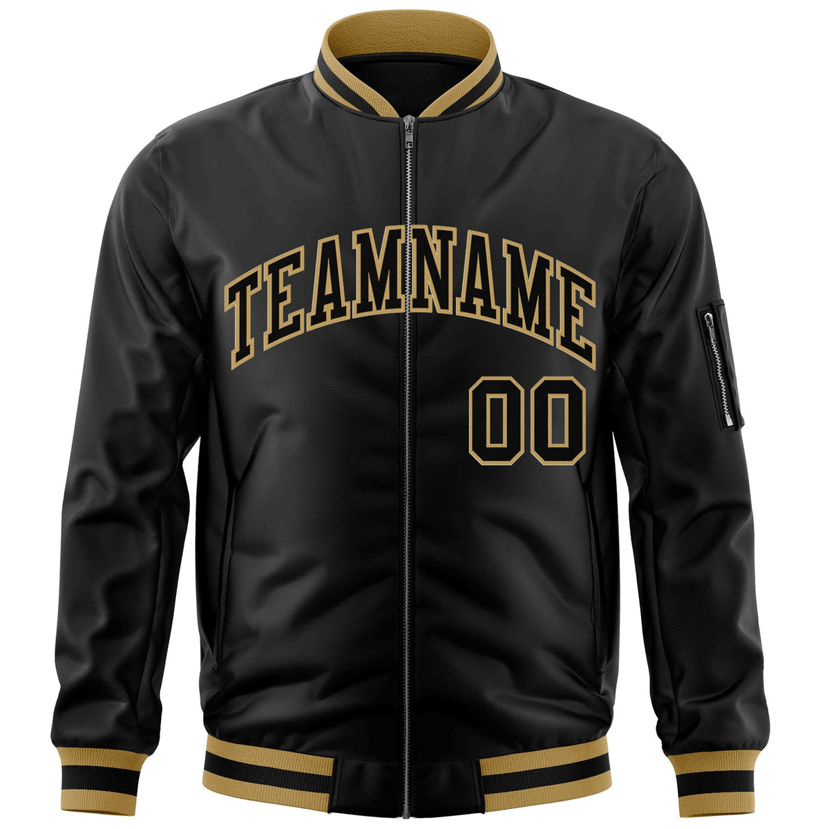 Custom Black Black-Old Gold Varsity Full-Zip Letterman Bomber Jacket