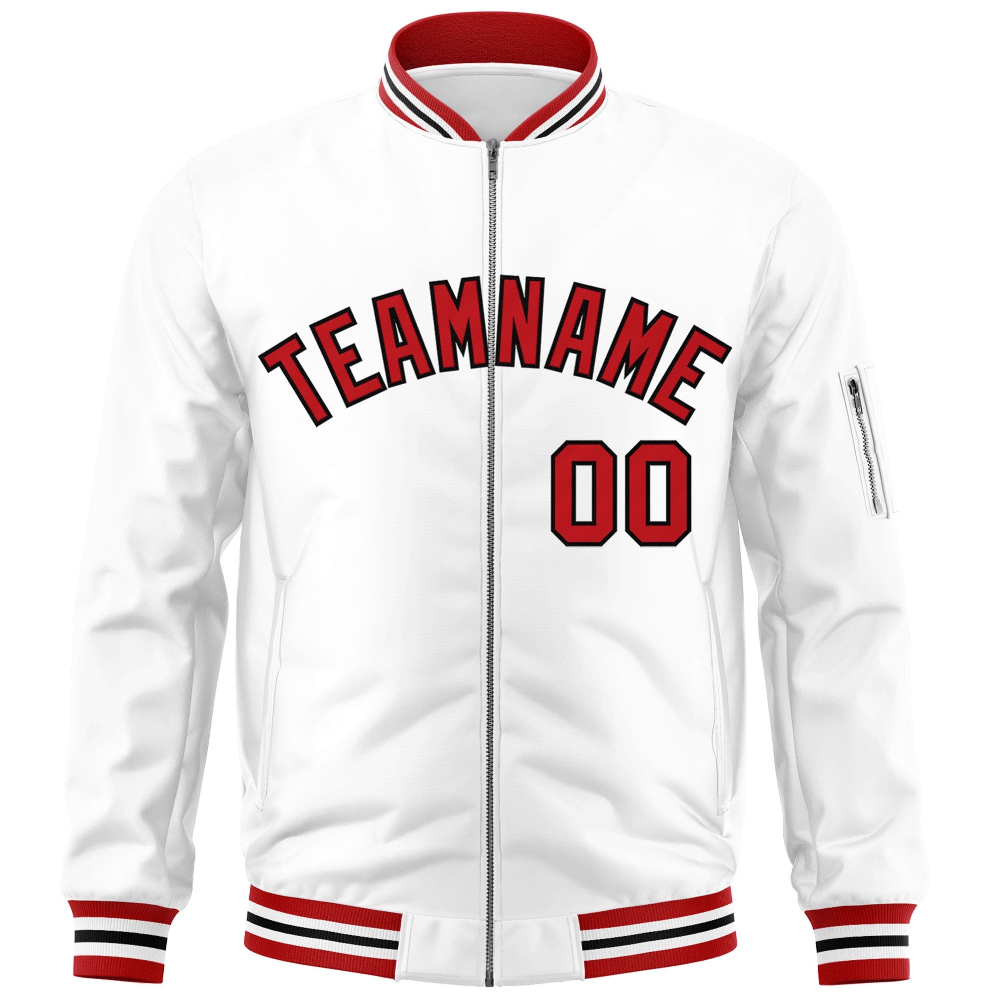 Custom White Red-Black Varsity Full-Zip Letterman Bomber Jacket