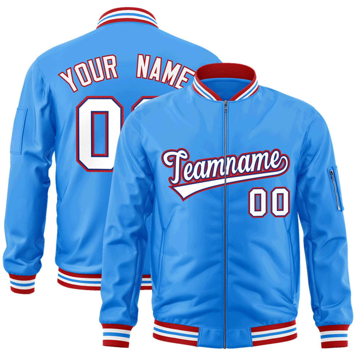 Custom Powder Blue White-Red Varsity Full-Zip Letterman Bomber Jacket