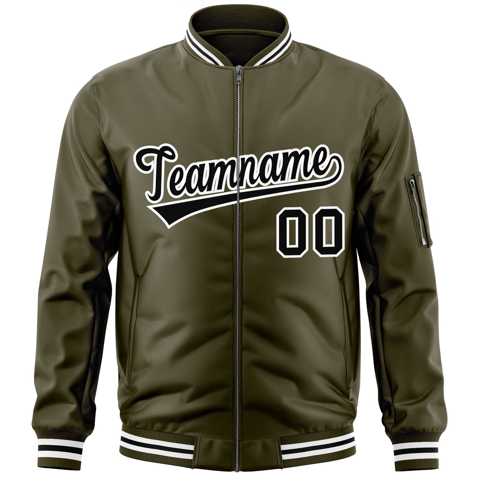 Custom Olive Black-White Varsity Full-Zip Letterman Bomber Jacket