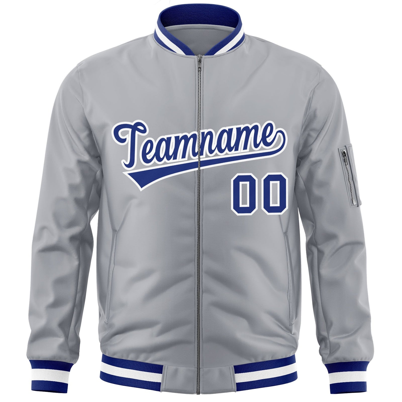 Custom Gray Royal-White Varsity Full-Zip Letterman Bomber Jacket