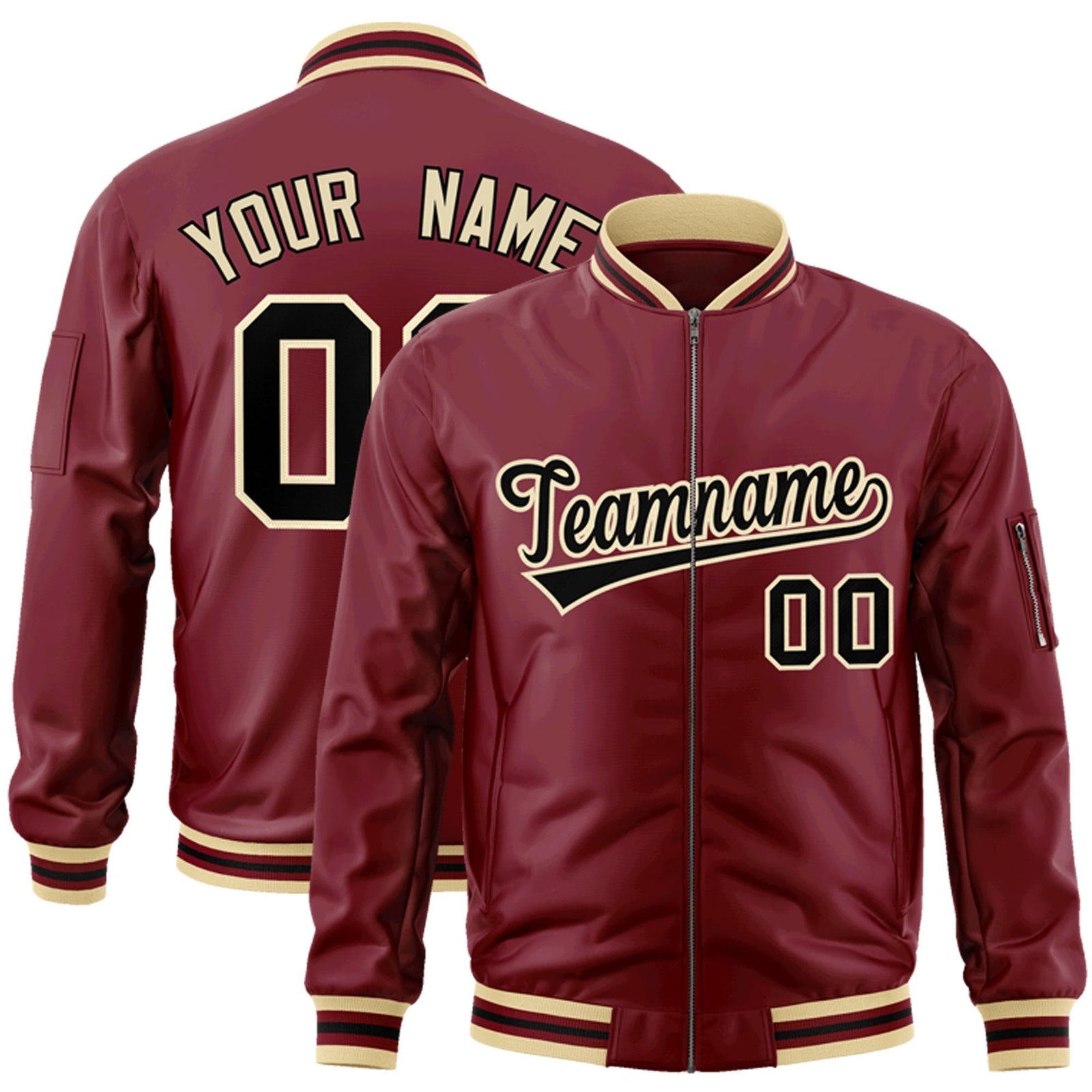 Custom Crimson Black-Khaki Varsity Full-Zip Letterman Bomber Jacket