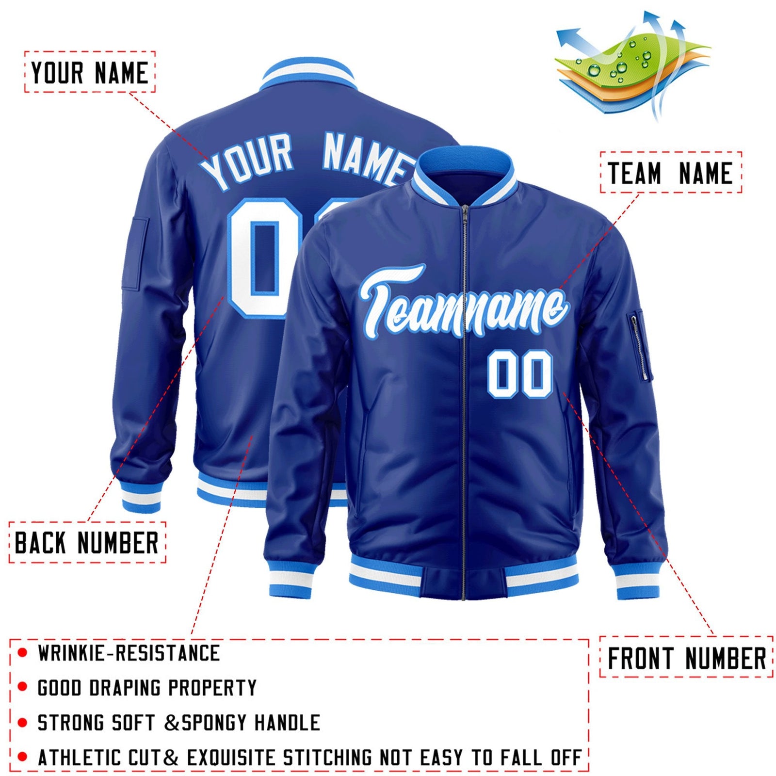 Custom Royal White-Powder Blue Varsity Full-Zip Letterman Bomber Jacket