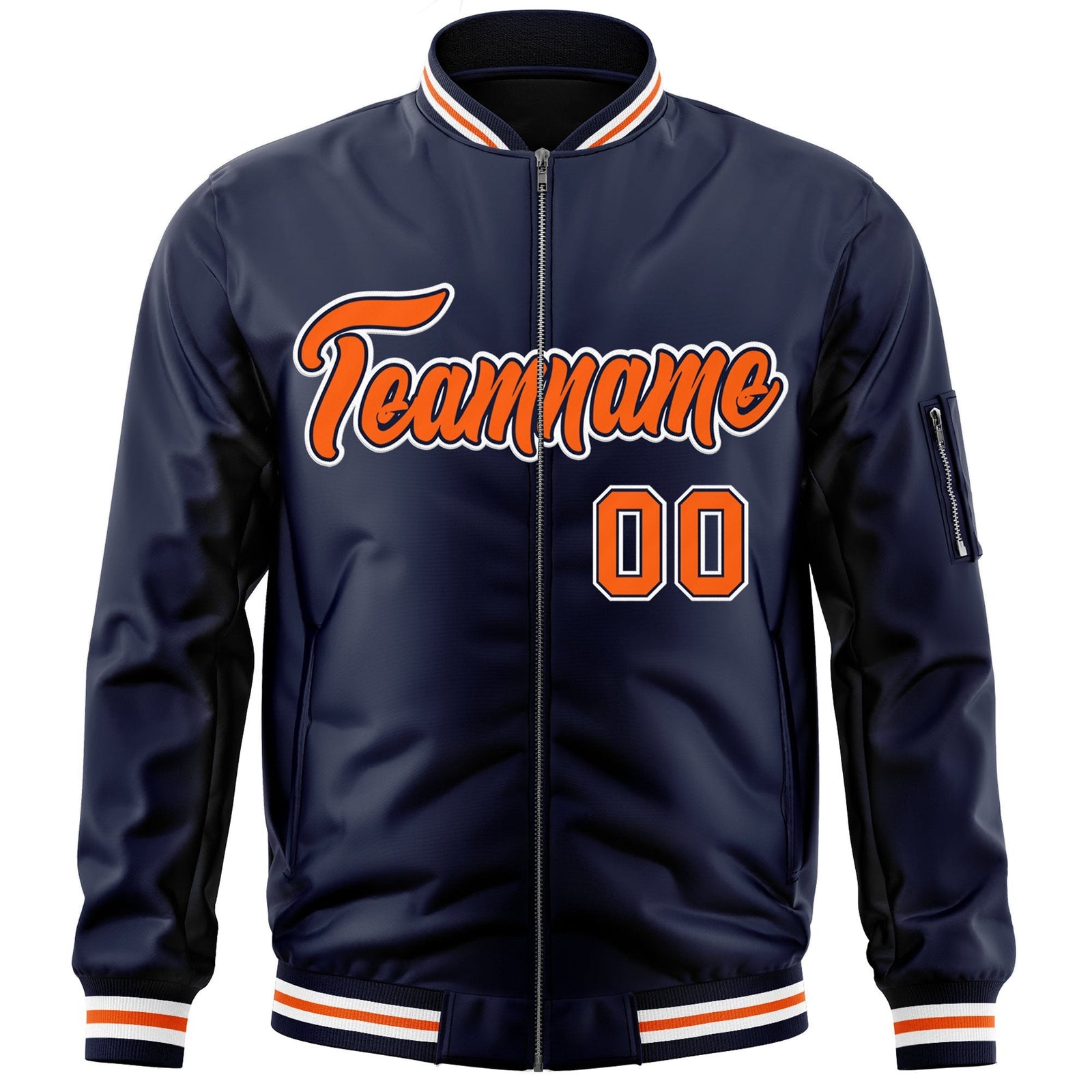 Custom Navy Orange-White Varsity Full-Zip Letterman Bomber Jacket