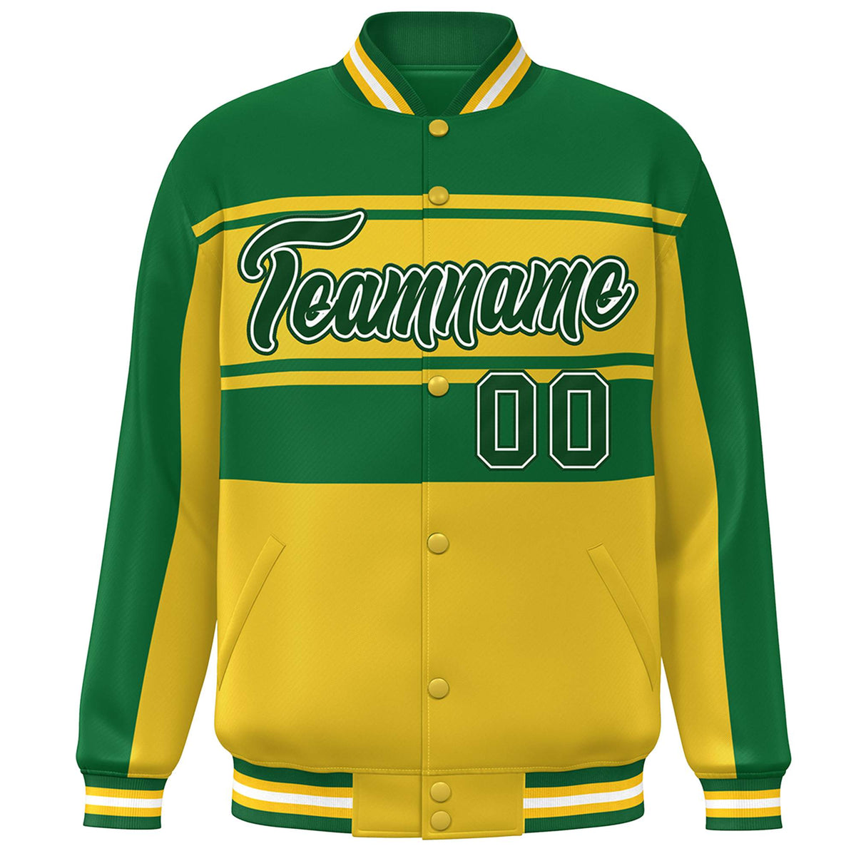 Custom Kelly Green Gold Color Block Varsity Full-Snap Bomber Jacket