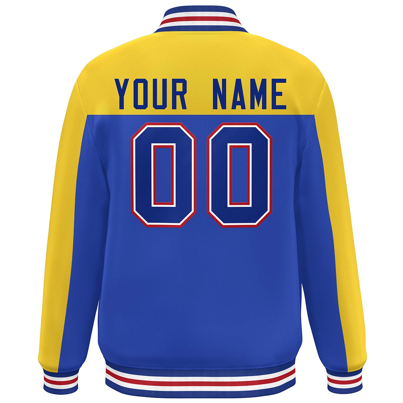 Custom Gold Royal Color Block Varsity Full-Snap Bomber Jacket