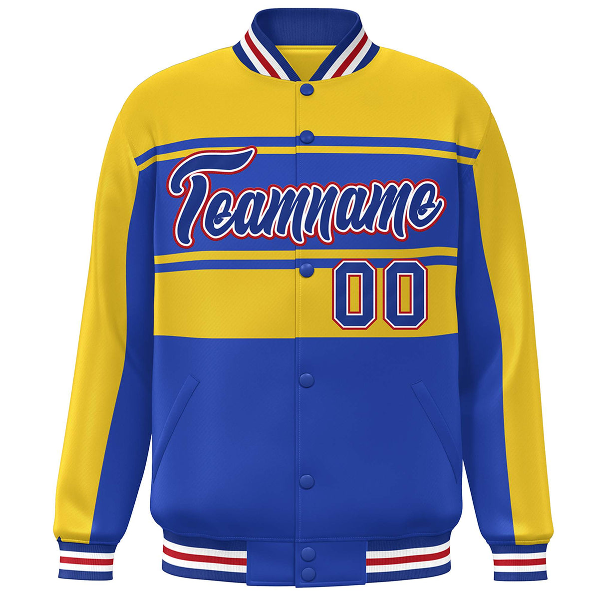 Custom Gold Royal Color Block Varsity Full-Snap Bomber Jacket