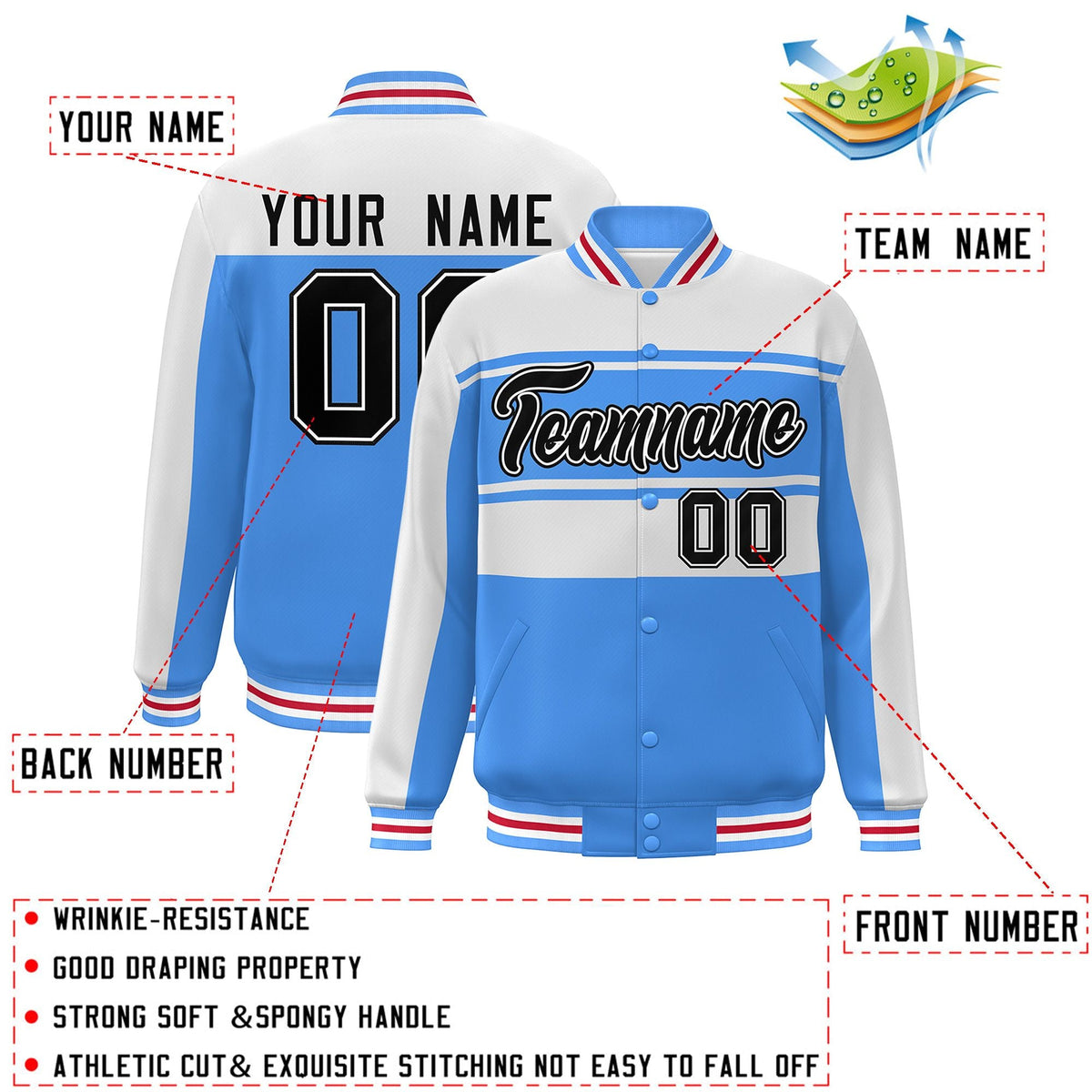 Custom White Powder Blue-Black Color Block Varsity Full-Snap Bomber Jacket