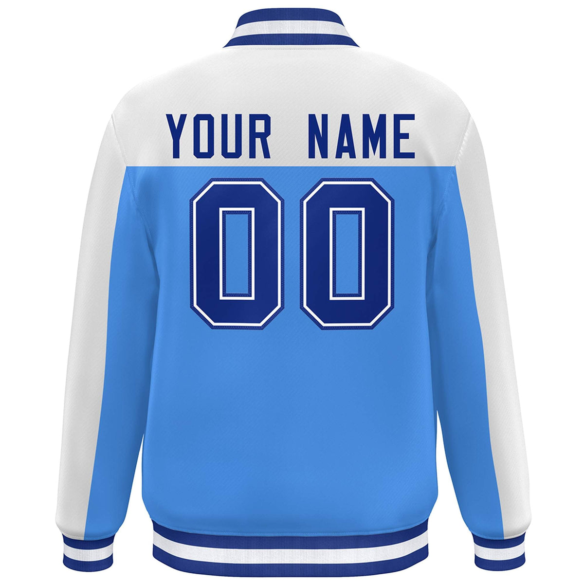 Custom White Powder Blue-Royal Color Block Varsity Full-Snap Bomber Jacket