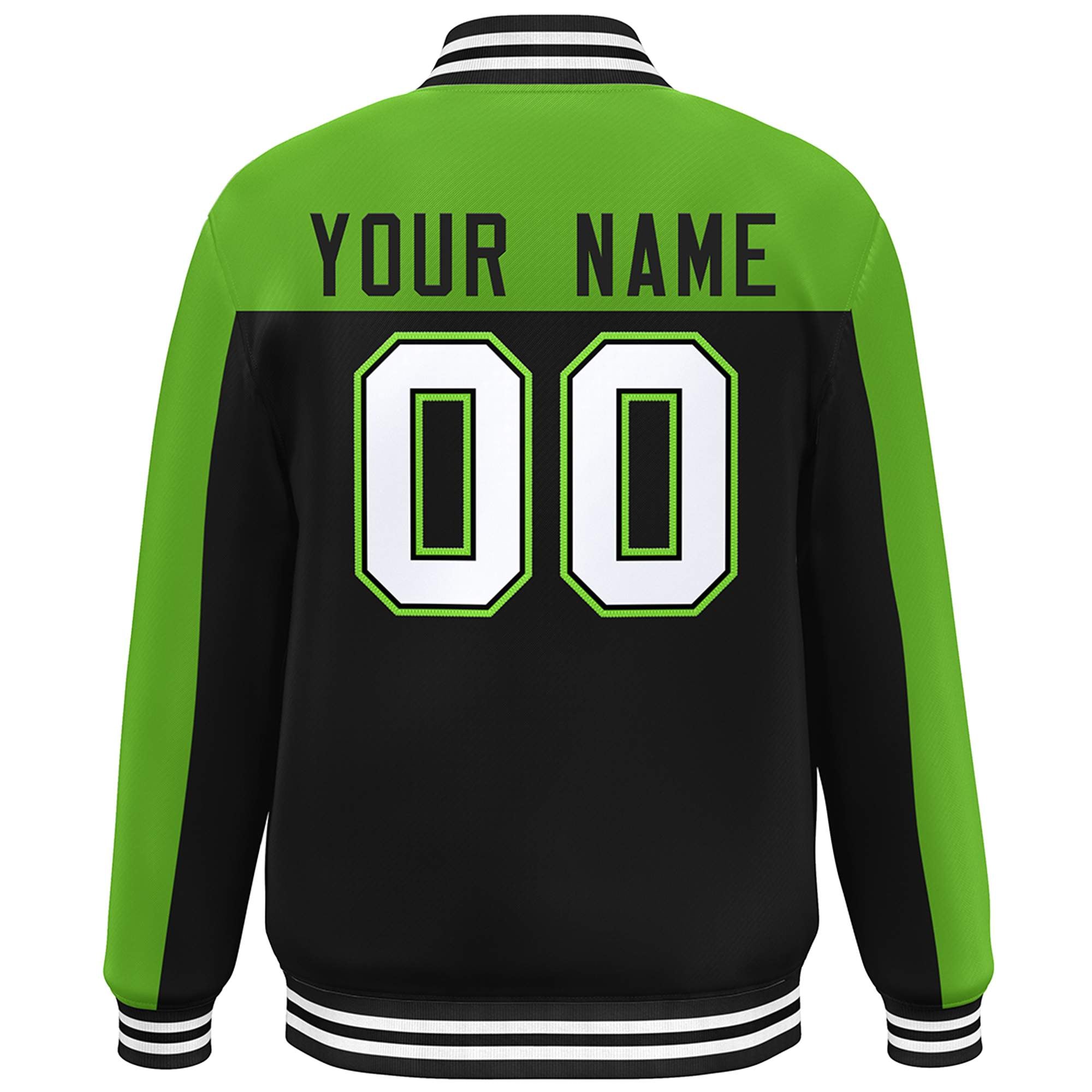 Custom Green Black-White Color Block Varsity Full-Snap Bomber Jacket