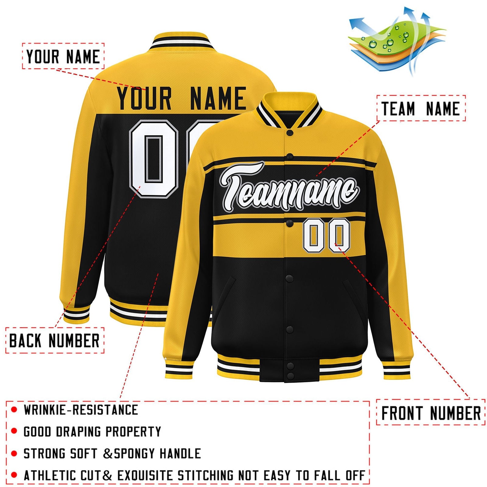Custom Gold Black-White Color Block Varsity Full-Snap Bomber Jacket