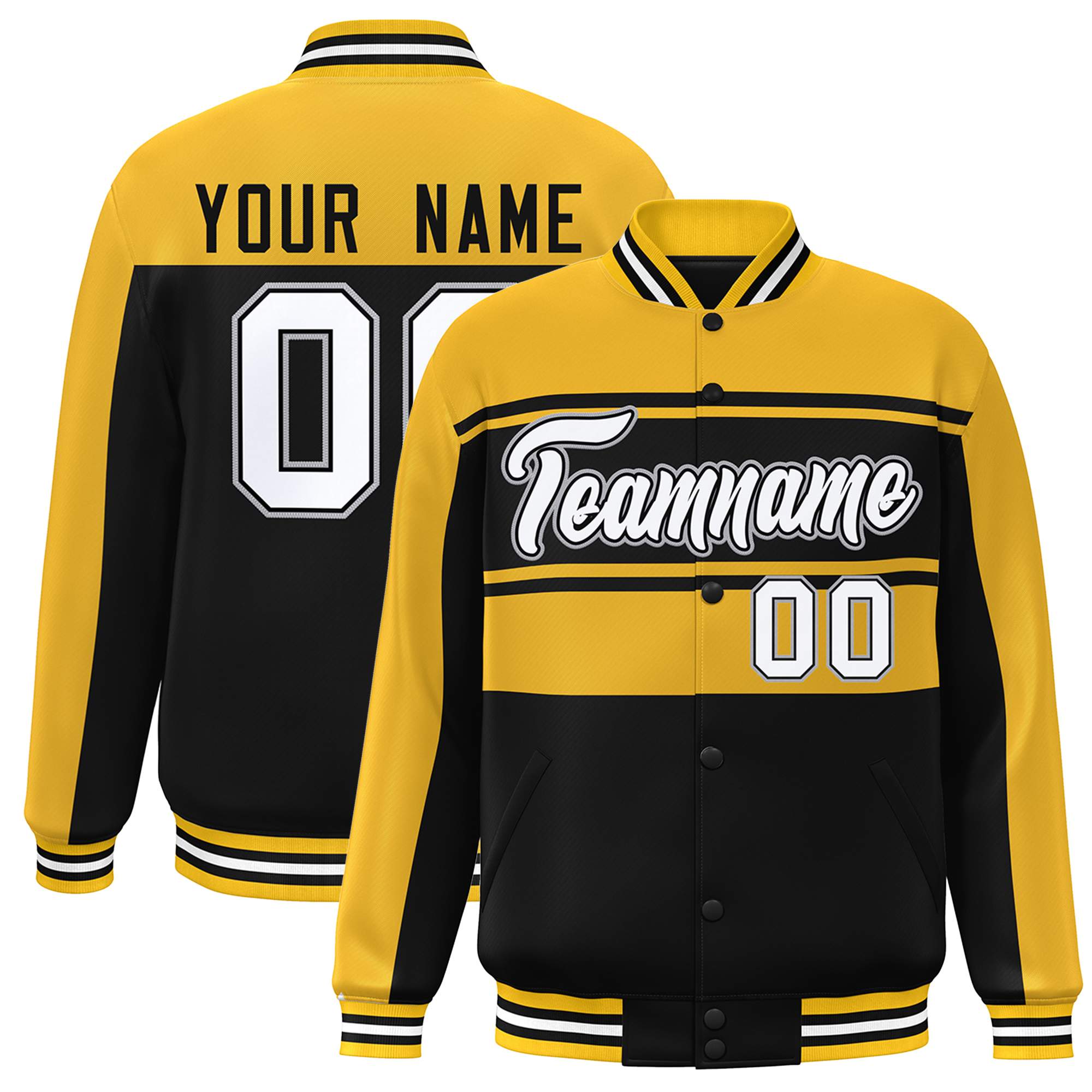 Custom Gold Black-White Color Block Varsity Full-Snap Bomber Jacket