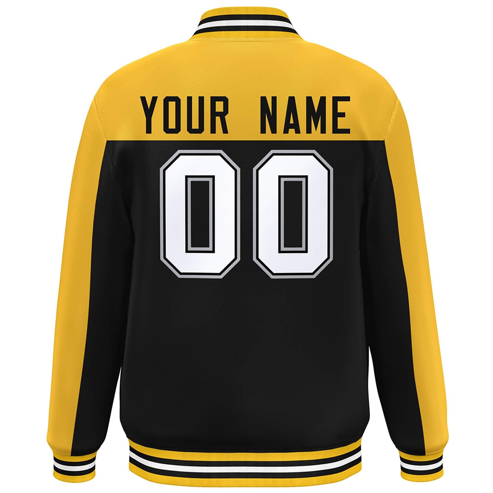 Custom Gold Black-White Color Block Varsity Full-Snap Bomber Jacket