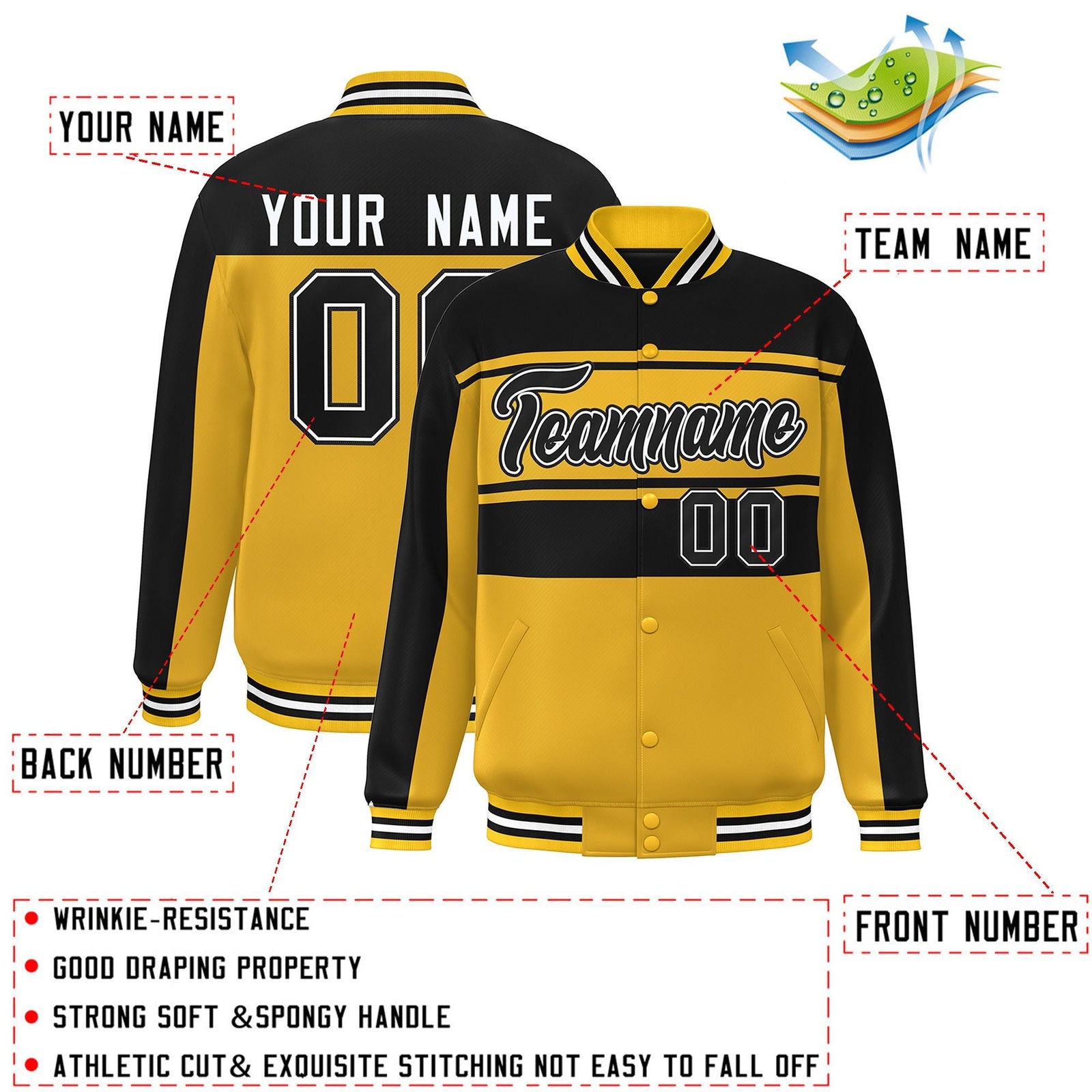 Custom Gold Black Color Block Varsity Full-Snap Bomber Jacket