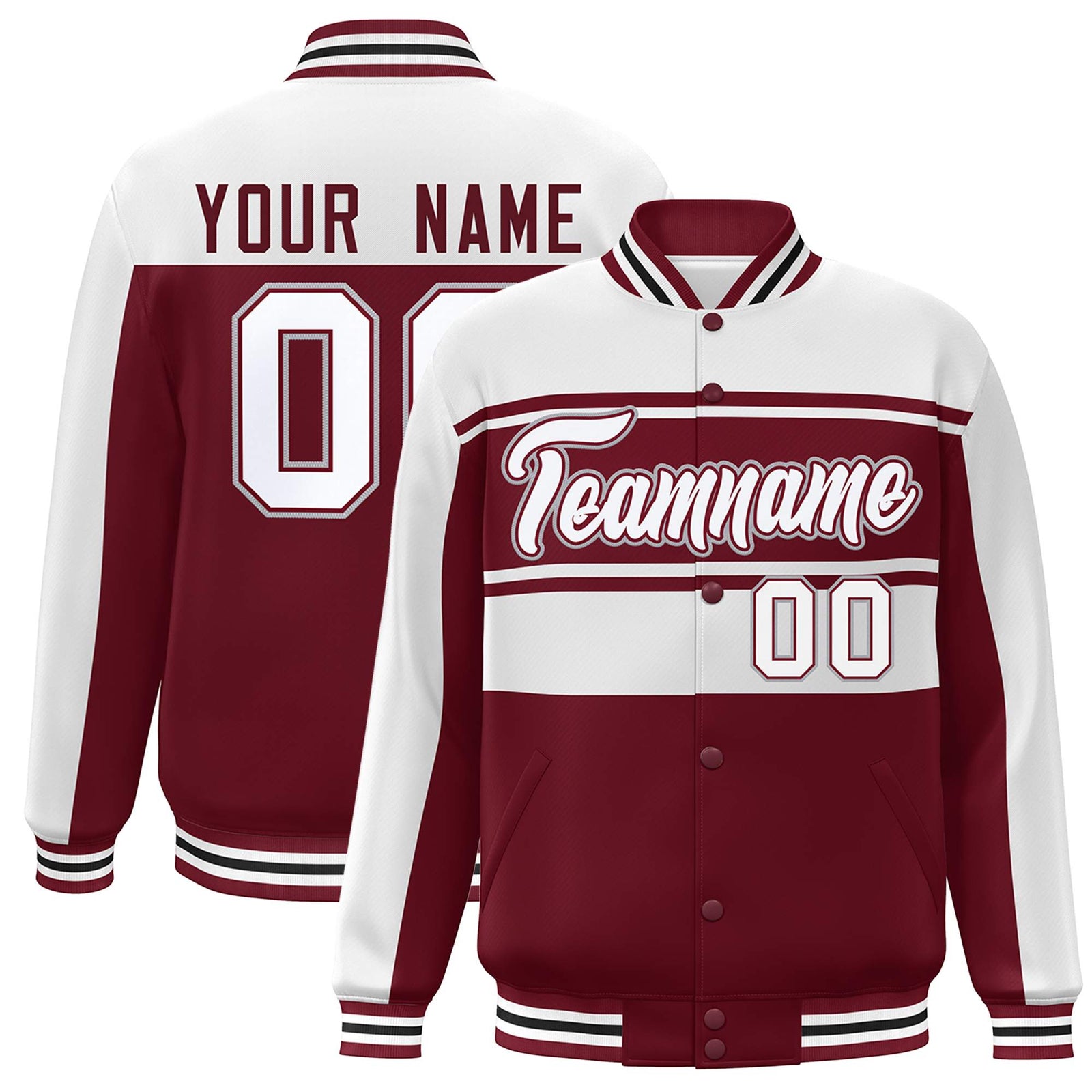 Custom White Crimson Color Block Varsity Full-Snap Bomber Jacket