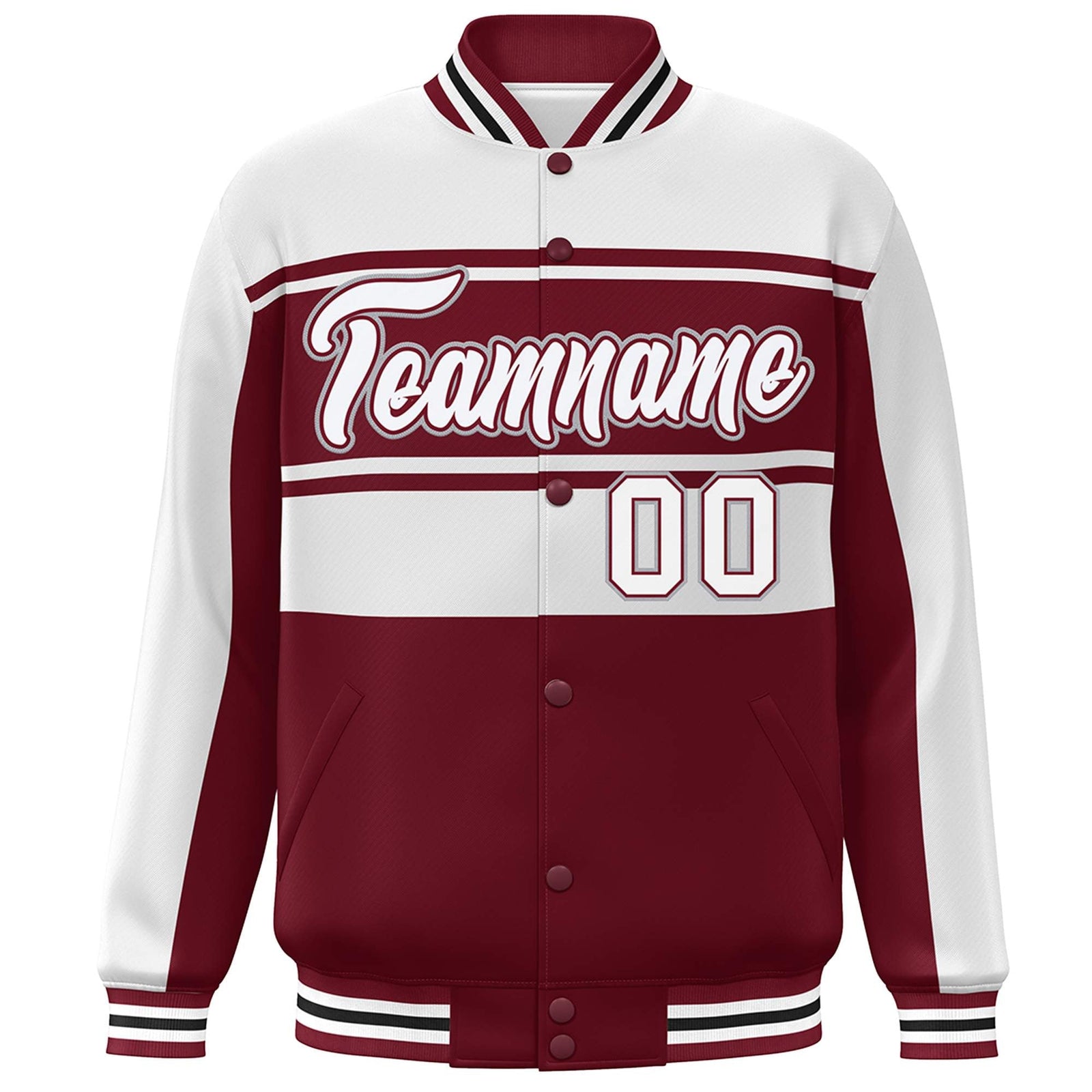 Custom White Crimson Color Block Varsity Full-Snap Bomber Jacket