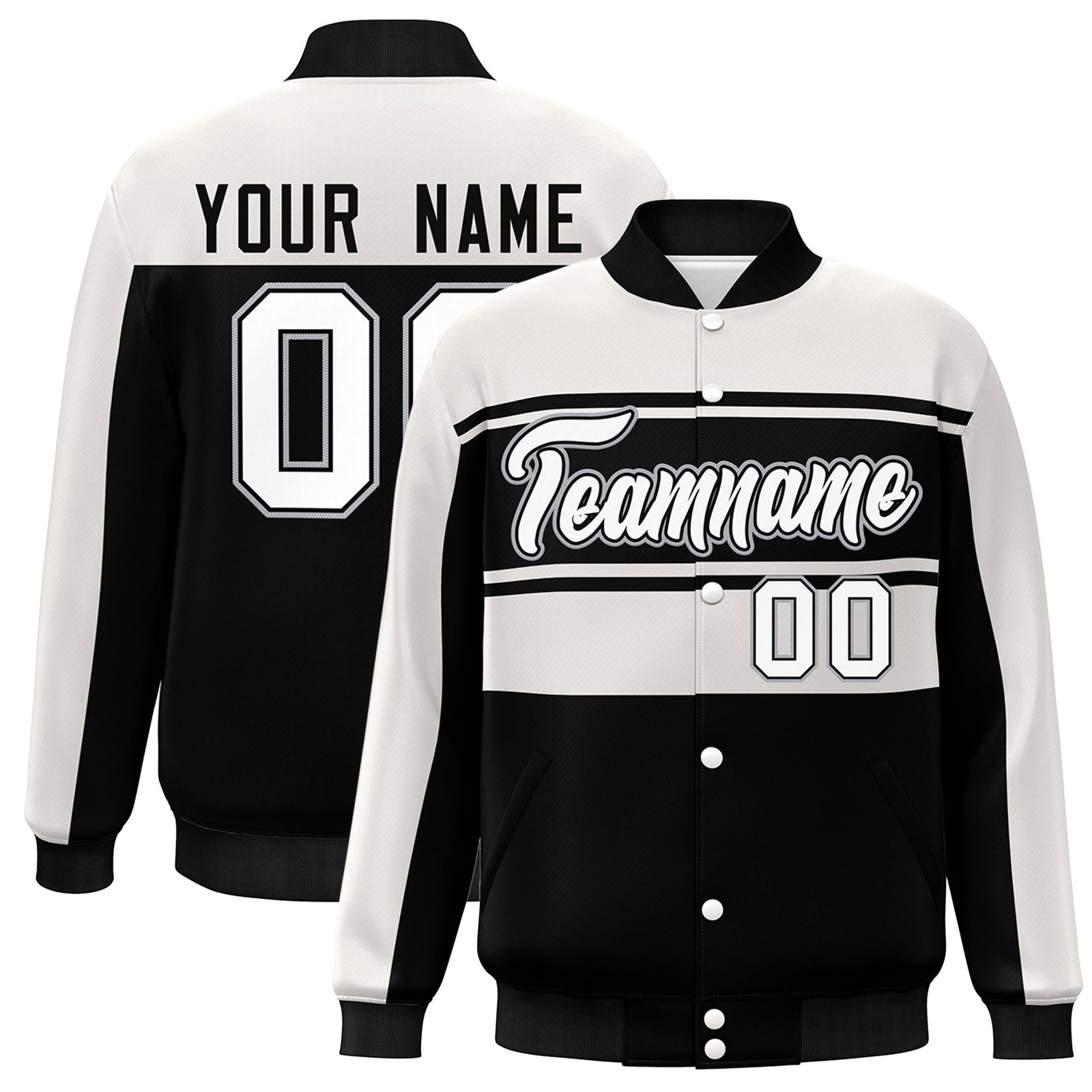 Custom White Black Color Block Varsity Full-Snap Bomber Jacket