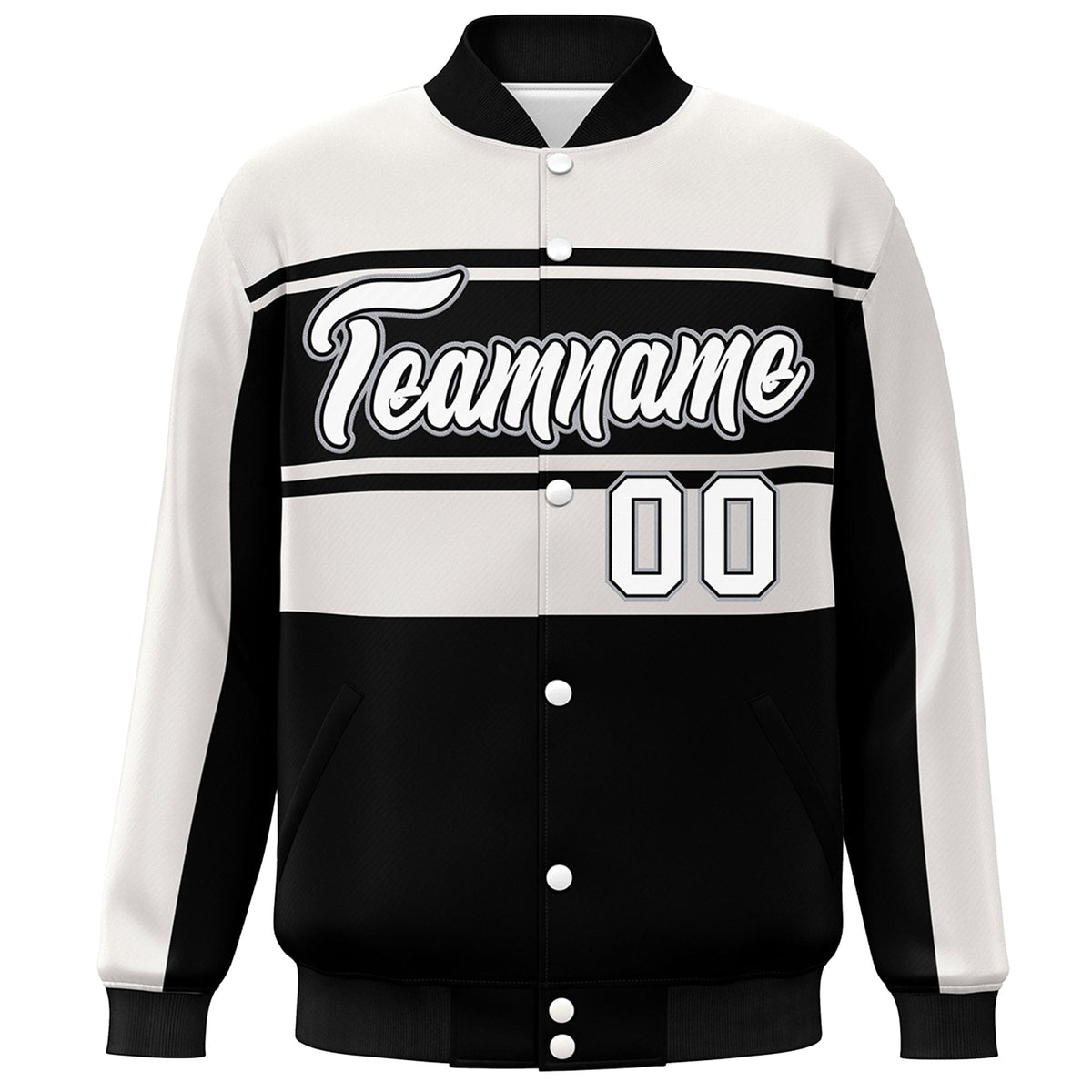 Custom White Black Color Block Varsity Full-Snap Bomber Jacket