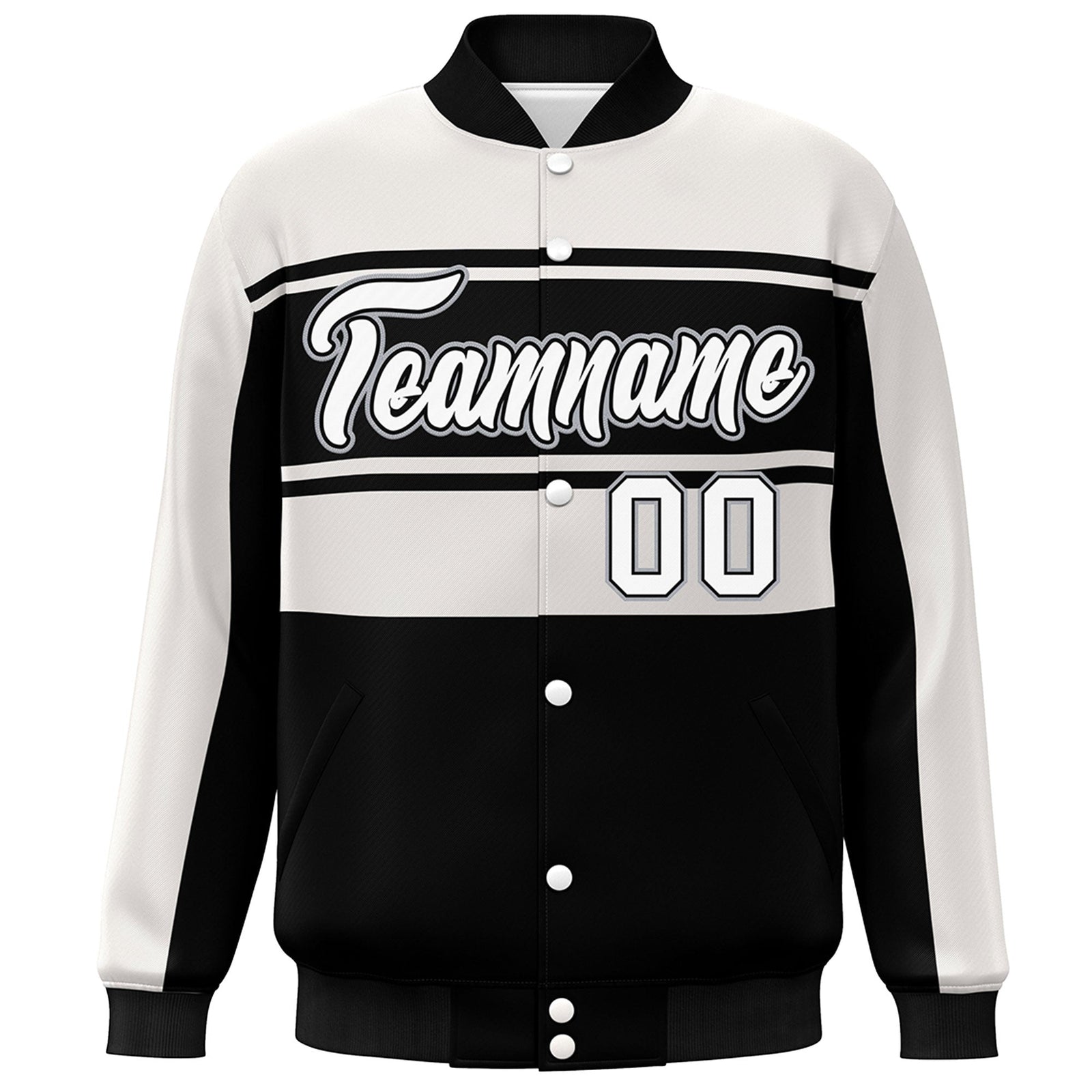 Custom White Black Color Block Varsity Full-Snap Bomber Jacket