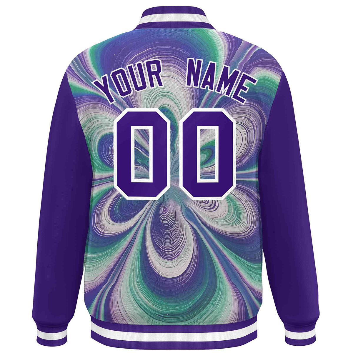 Custom Purple White Tie Dye Ink Paint Varsity Graffiti Pattern Letterman Jacket