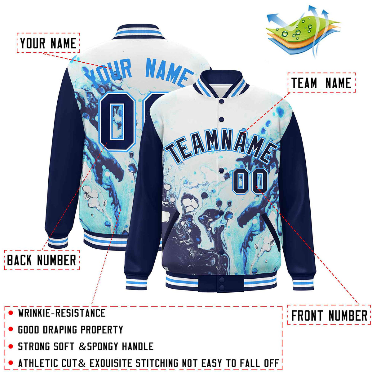 Custom Navy Royal-White Tie Dye Ink Paint Varsity Graffiti Pattern Letterman Jacket