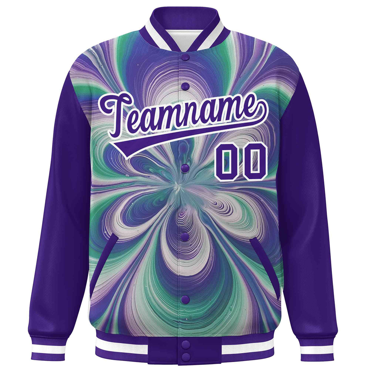 Custom Purple White Tie Dye Ink Paint Varsity Graffiti Pattern Letterman Jacket