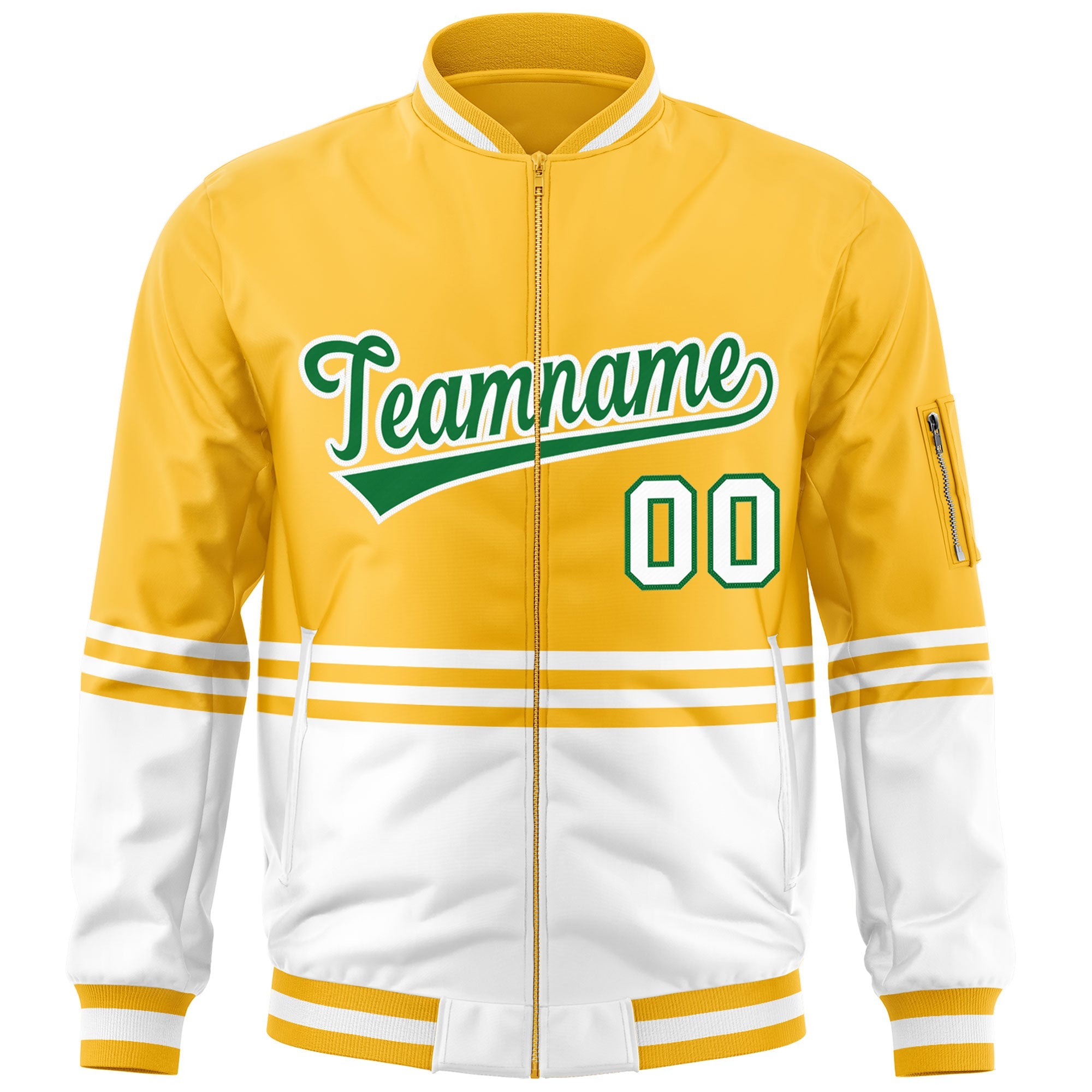 Custom Gold Kelly Green-White Varsity Full-Zip Color Block Letterman Bomber Jacket