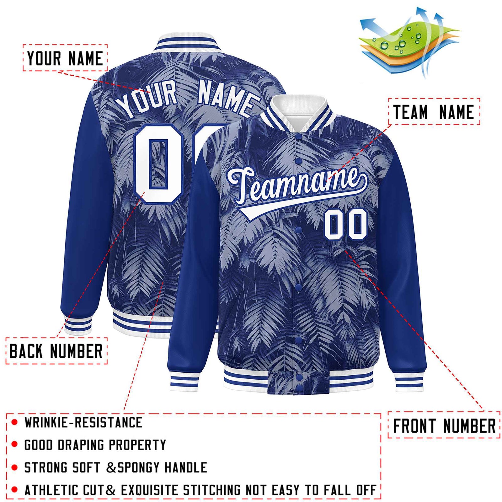 Custom Royal White-Navy Maple Leaf Raglan Sleeves Bomber Graffiti Pattern Varsity Jacket