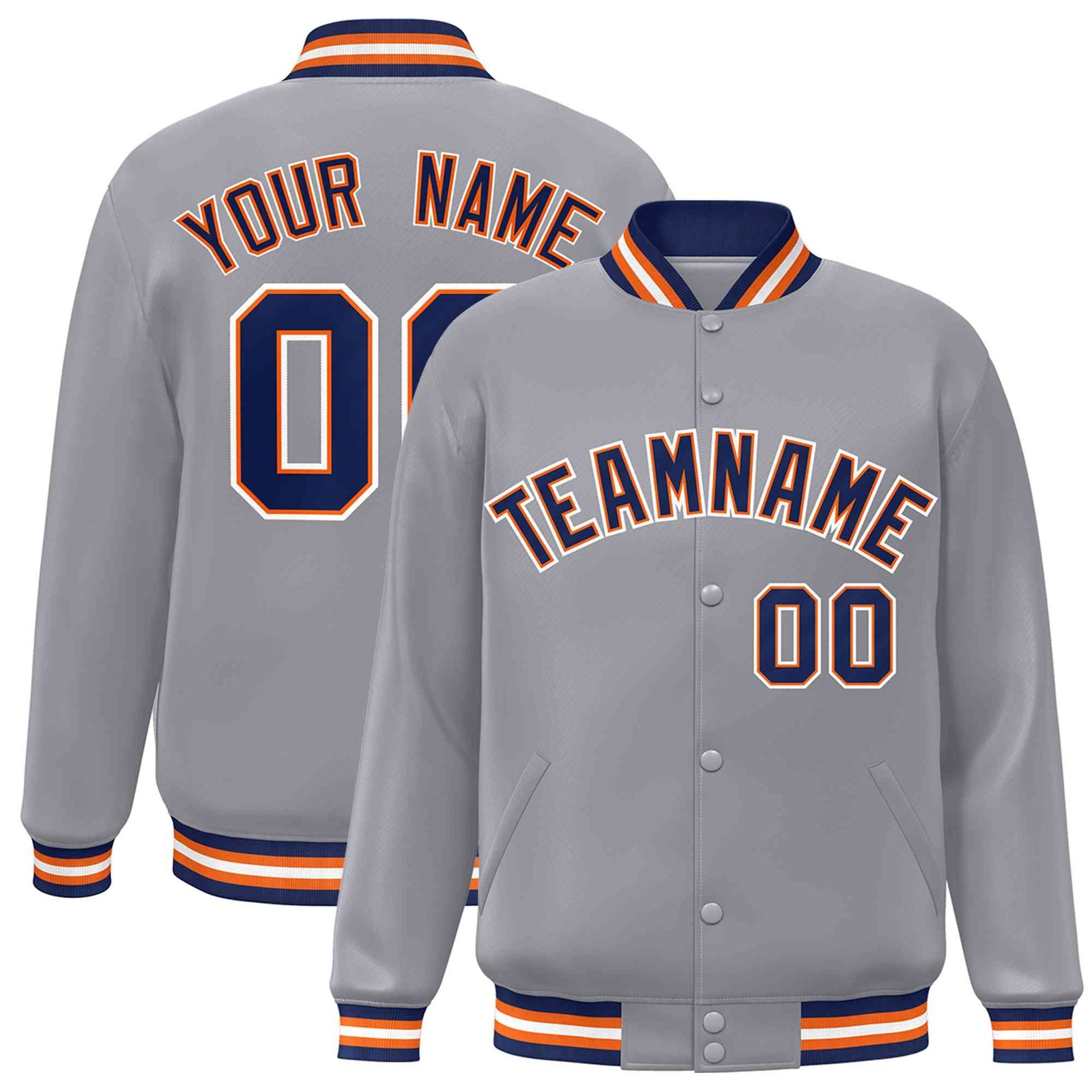 Custom Gray Navy-Orange Classic Style Varsity Full-Snap Letterman Jacket