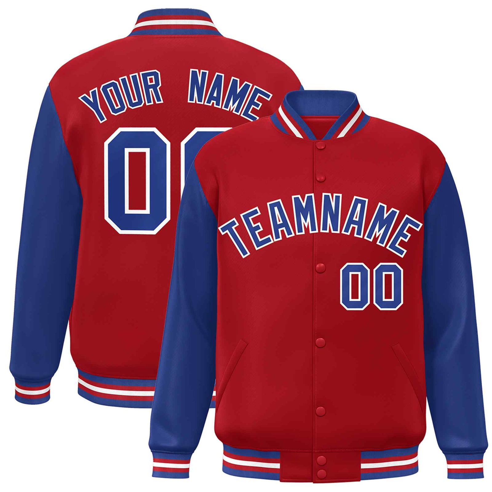 Custom Red Royal-White Raglan Sleeves Varsity Full-Snap Letterman Jacket