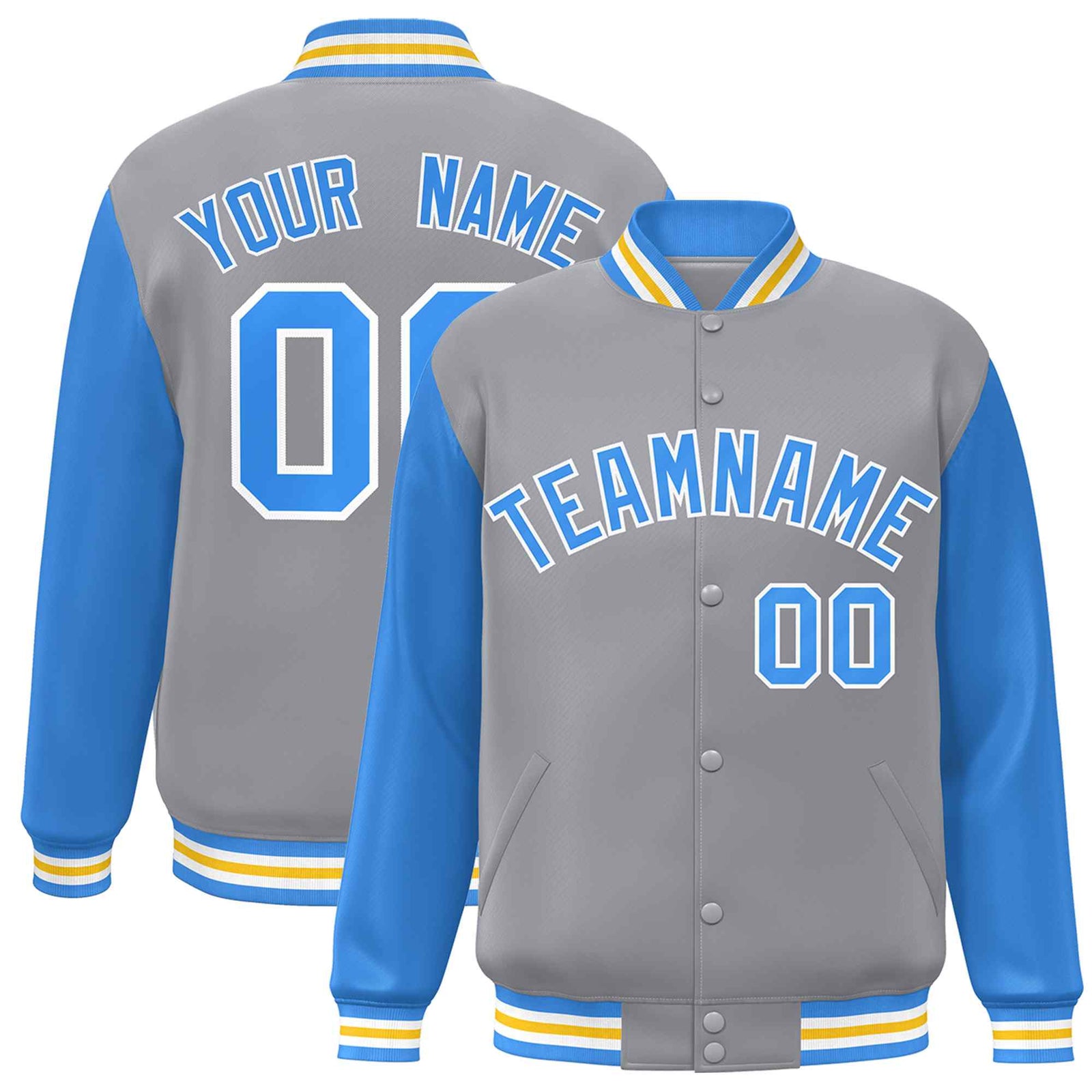 Custom Gray Powder Blue-White Raglan Sleeves Varsity Full-Snap Letterman Jacket