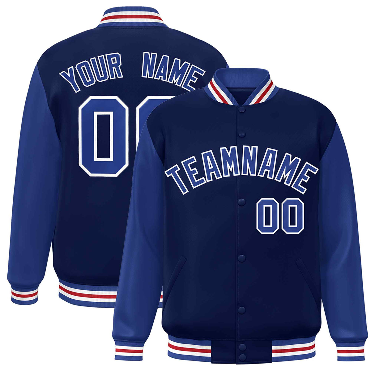 Custom Navy Royal-White Raglan Sleeves Varsity Full-Snap Letterman Jacket