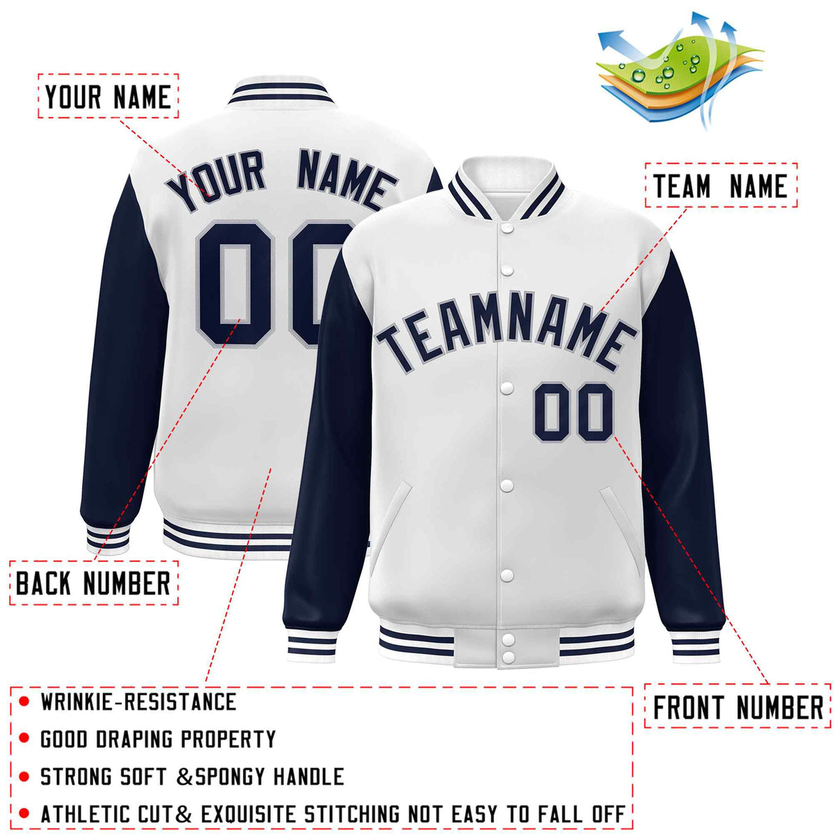 Custom White Navy-Gray Raglan Sleeves Varsity Full-Snap Letterman Jacket
