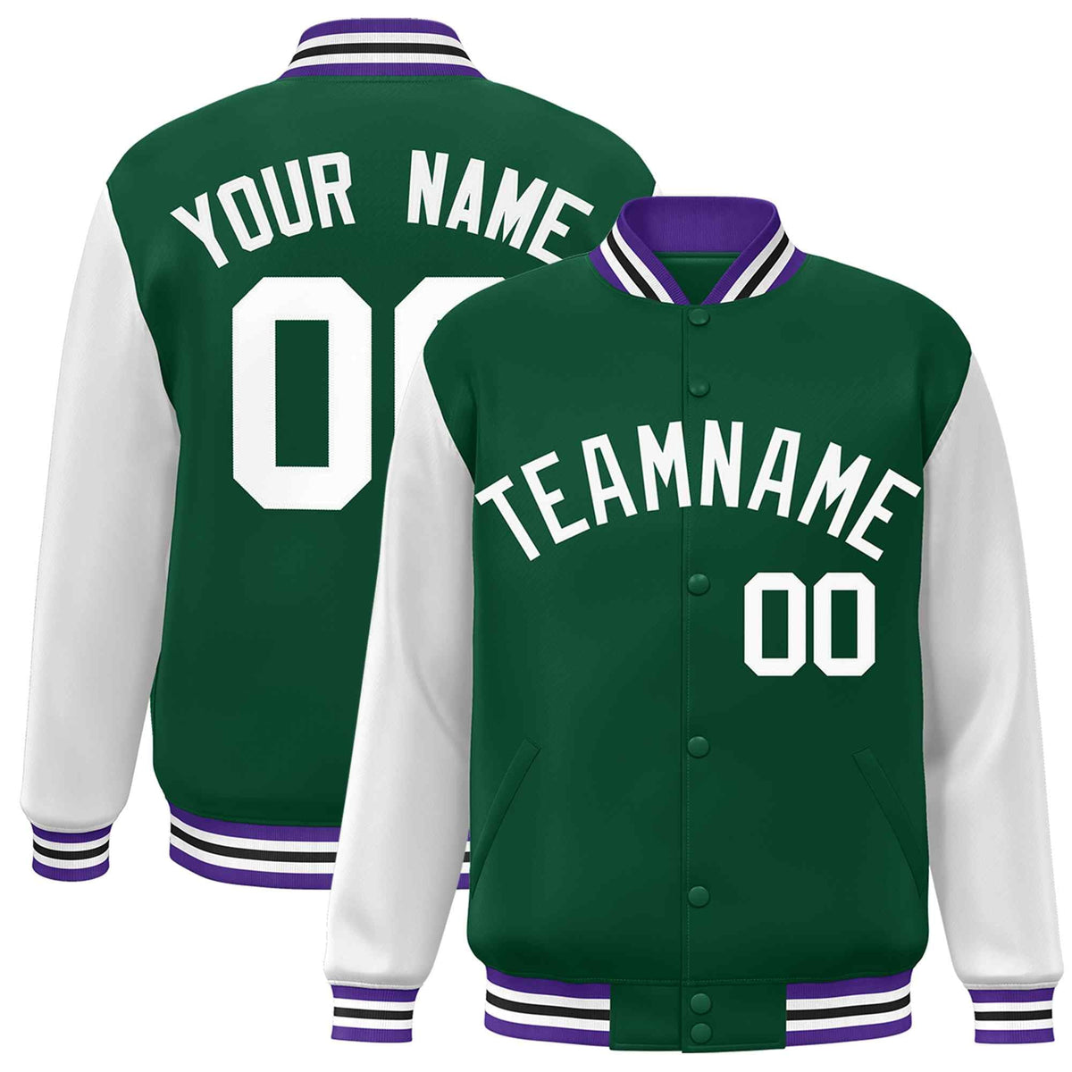 Custom Green White Raglan Sleeves Varsity Full-Snap Letterman Jacket