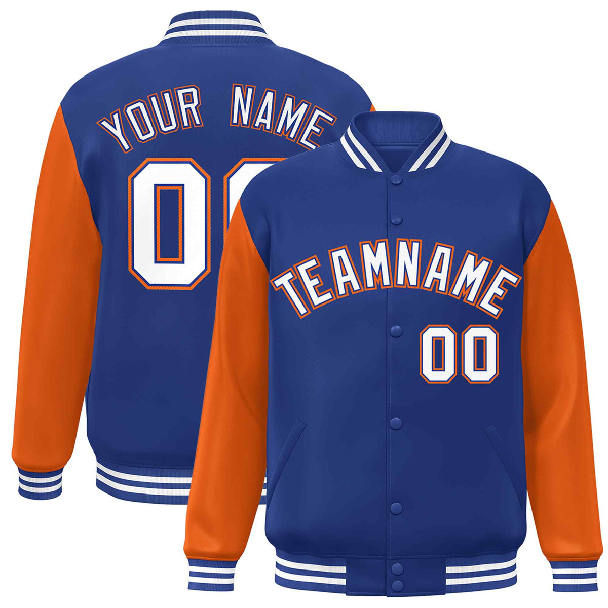 Custom Royal White-Royal Raglan Sleeves Varsity Full-Snap Letterman Jacket