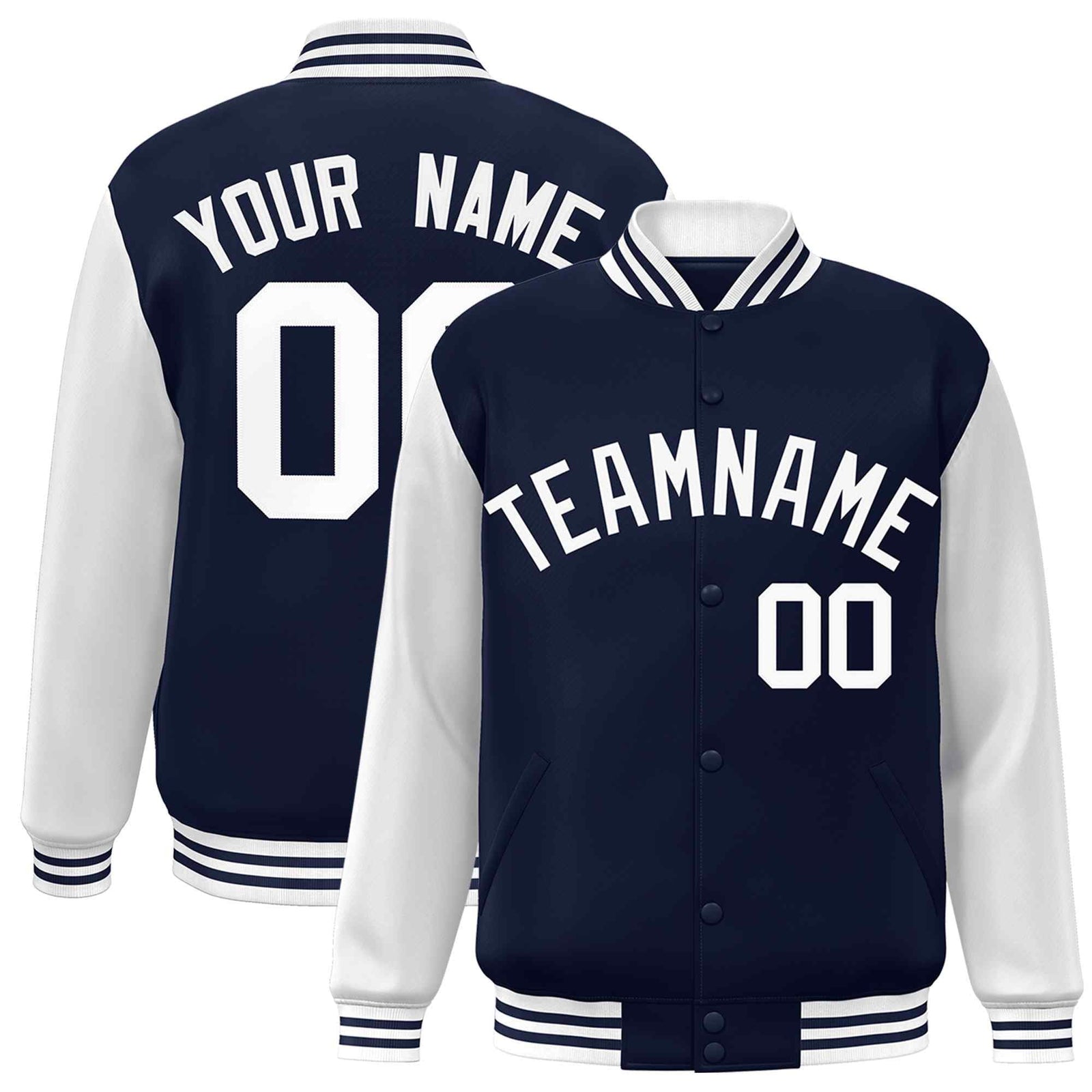 Custom Navy White Raglan Sleeves Varsity Full-Snap Letterman Jacket