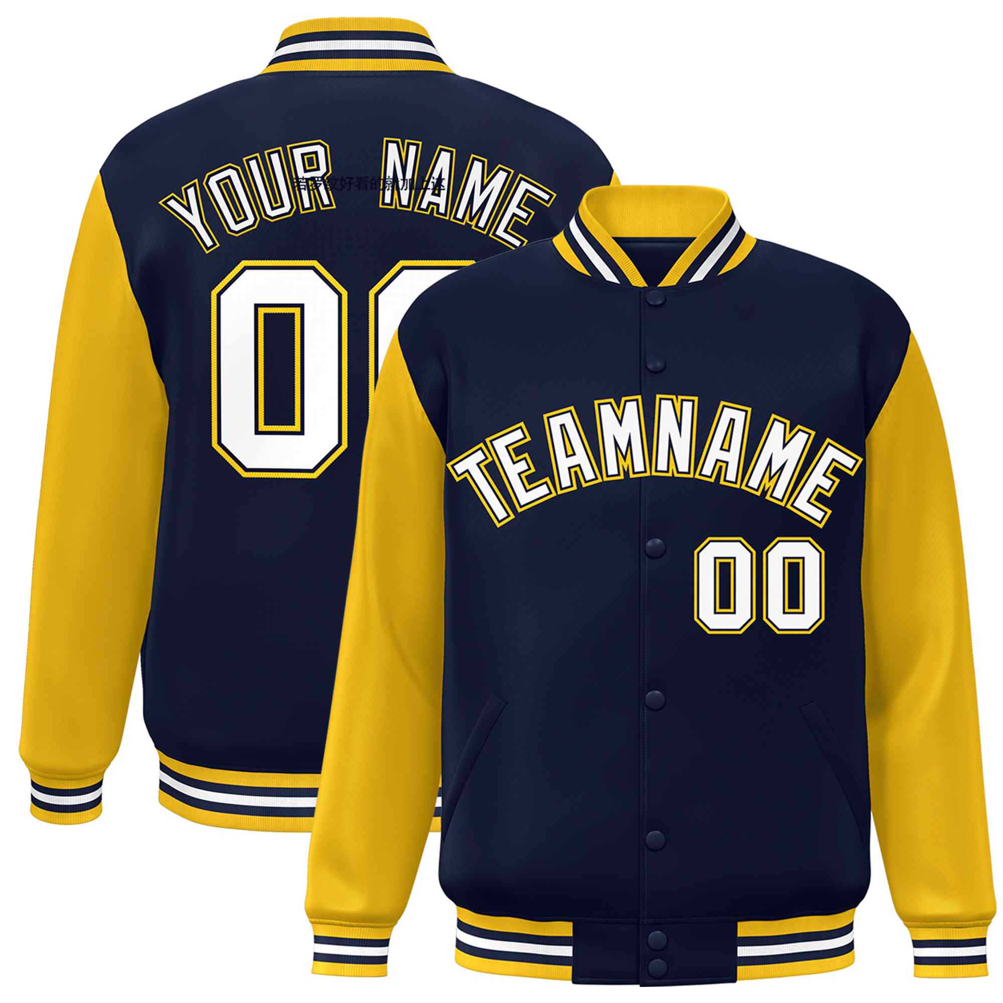 Custom Navy White-Navy Raglan Sleeves Varsity Full-Snap Letterman Jacket