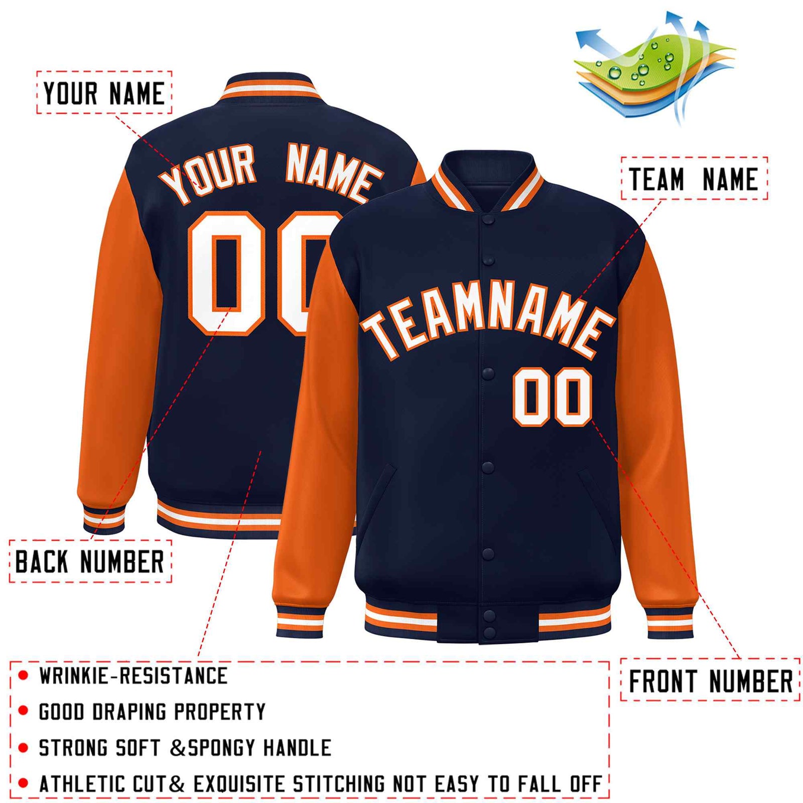 Custom Navy White-Orange Raglan Sleeves Varsity Full-Snap Letterman Jacket