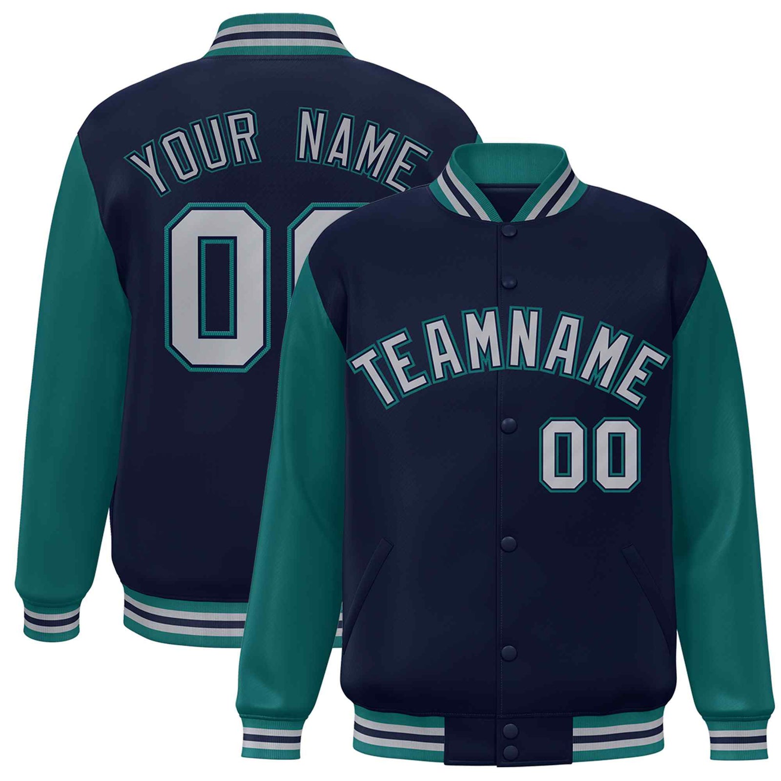 Custom Navy Gray-Navy Raglan Sleeves Varsity Full-Snap Letterman Jacket