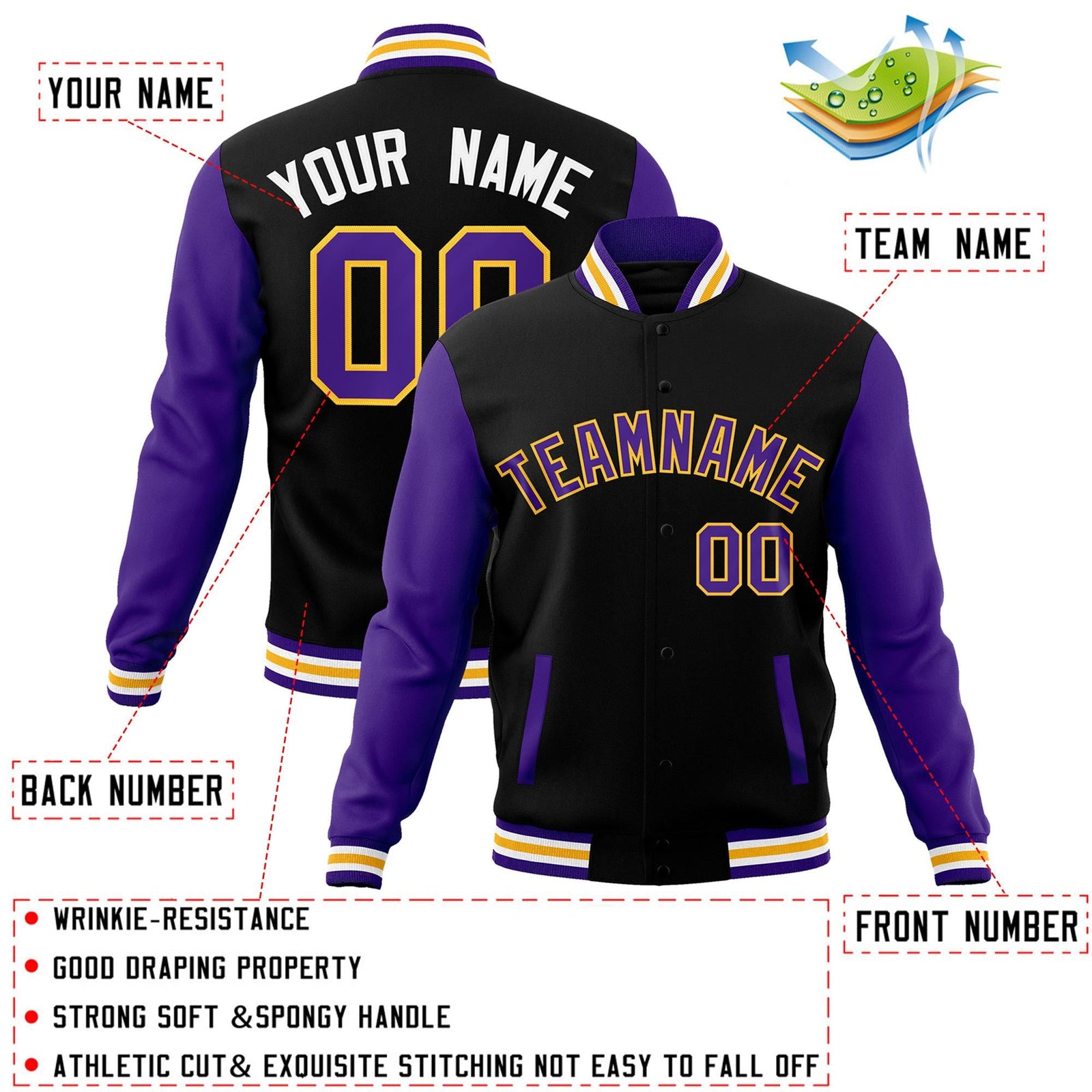 Custom Black Purple-Yellow Raglan Sleeves Varsity Full-Snap Letterman Jacket