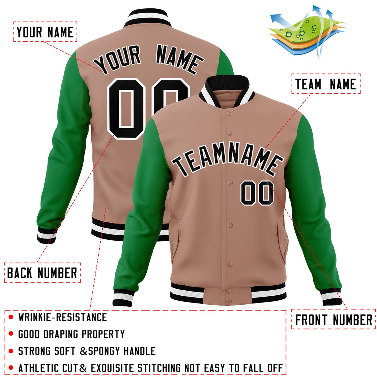 Custom Brown Black-White Raglan Sleeves Varsity Full-Snap Letterman Jacket